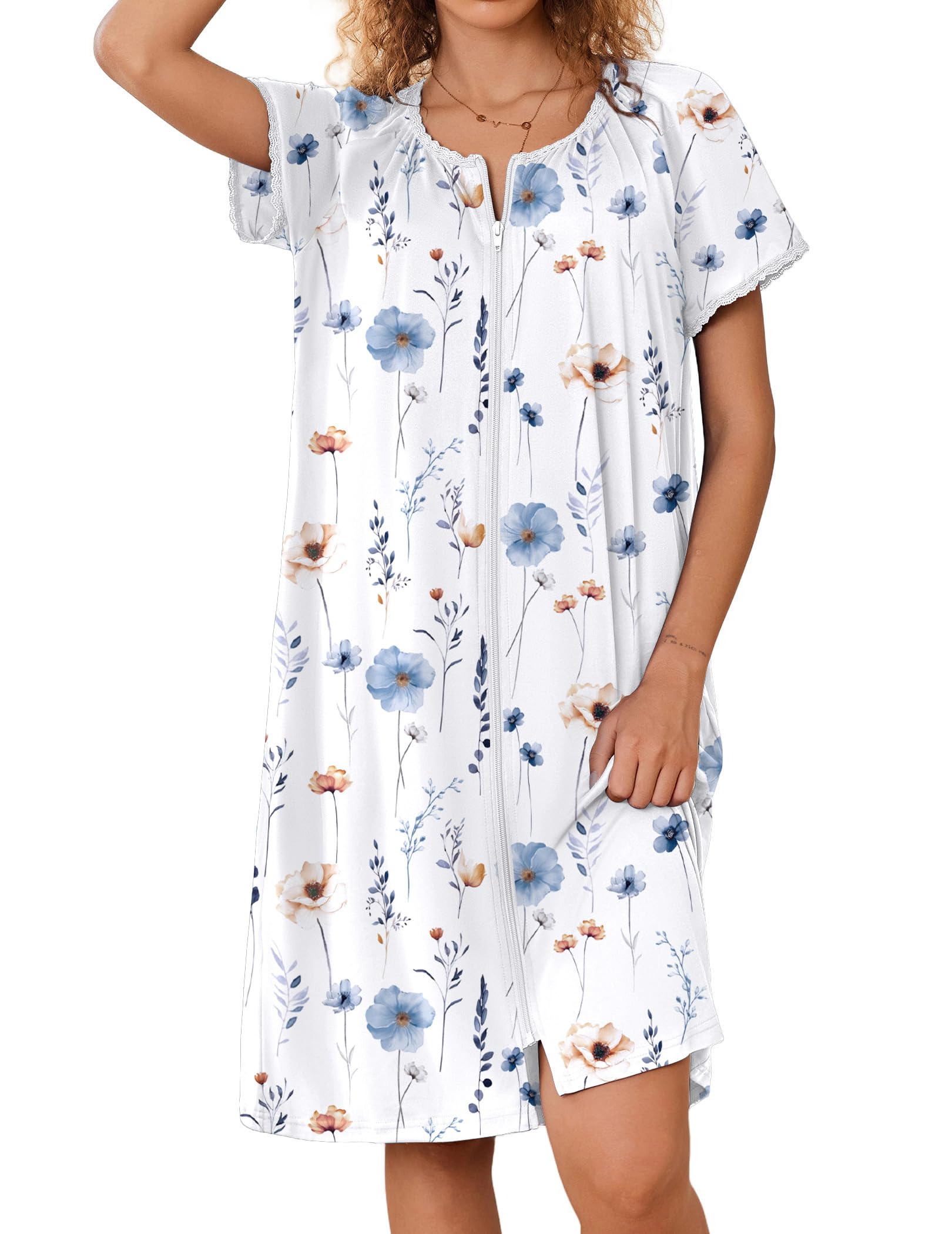 Ekouaer Zipper Robes for Women Short Sleeves Knit Bathrobes Knee Length Soft Lace Trim Loungewear with Pockets S-3XL WEBE CLOTHING