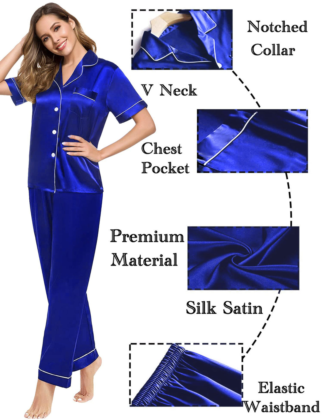 SWOMOG Couples Pajamas Sets Women & Men Satin Short Sleeve Sleepwear Button Down Loungewear Pjs Set with Long Pants
