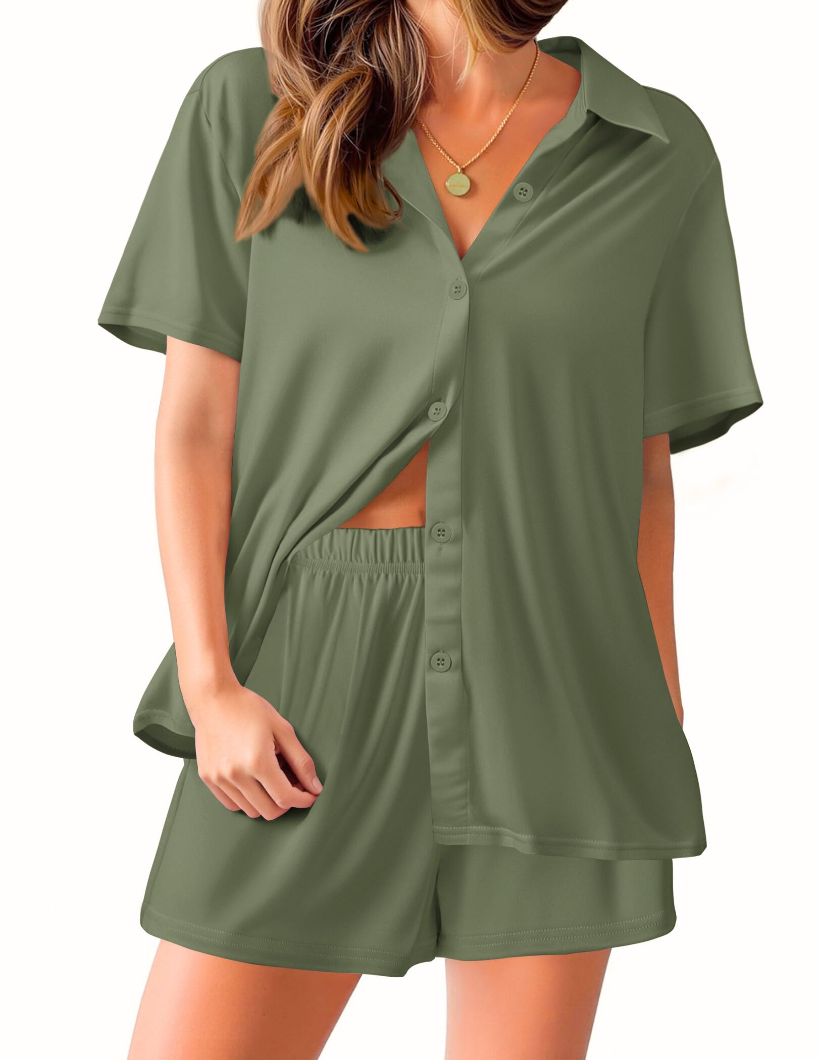 Ekouaer Pajama for Women Set Short Sleeve Button Down Pajamas Sets Soft Lounge Sets for Women Sleepwear PJS WEBE CLOTHING