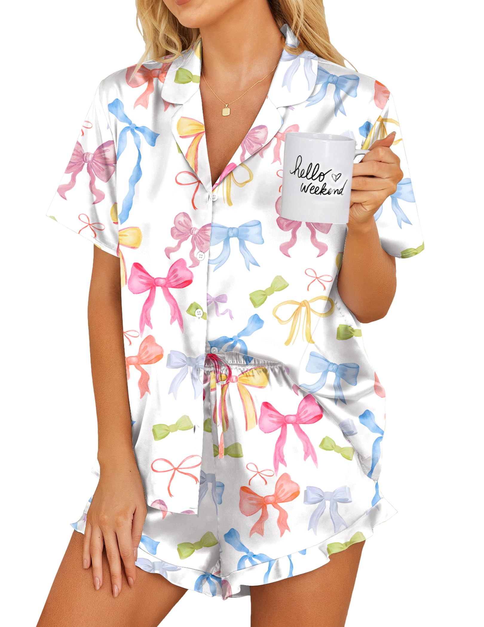 Ekouaer Womens Satin Pajamas Set Button Down 2 Piece Silk Pjs Shorts Set Ruffle Lingerie Notch Collar Sleepwear