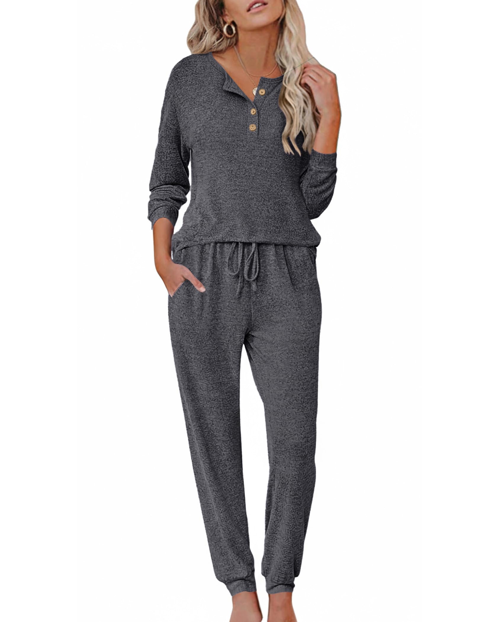 Ekouaer Womens Pajama Sets Long Sleeve Lounge Set 2 Piece Pj Sets for Women Henley Neck Casual Sleepwear Loungewear S-XXL