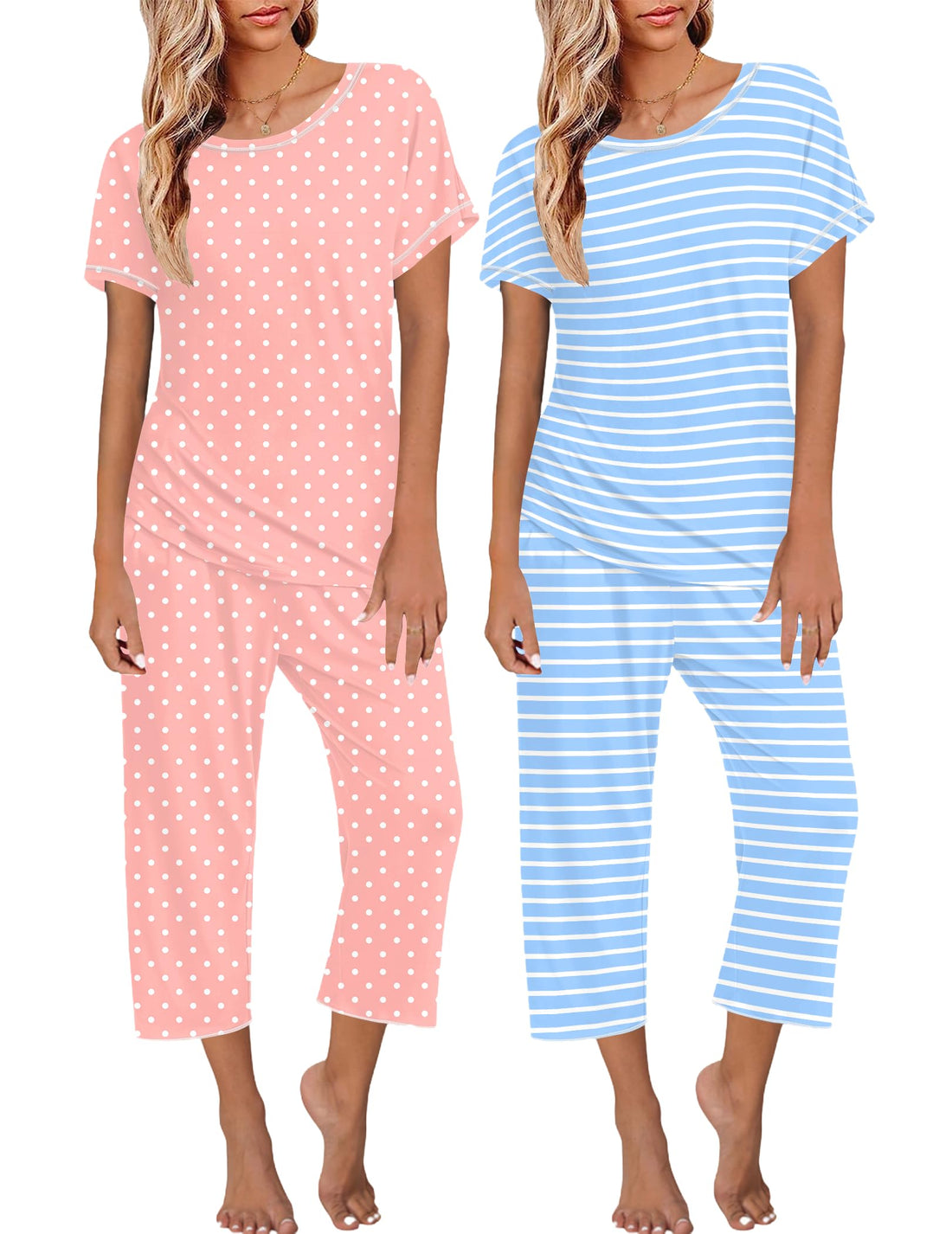Ekouaer 2 Pack Womens Pajamas Sets Short Sleeve Tops and Capri Pants Pjs Colorful Printed Sleepwear Sets