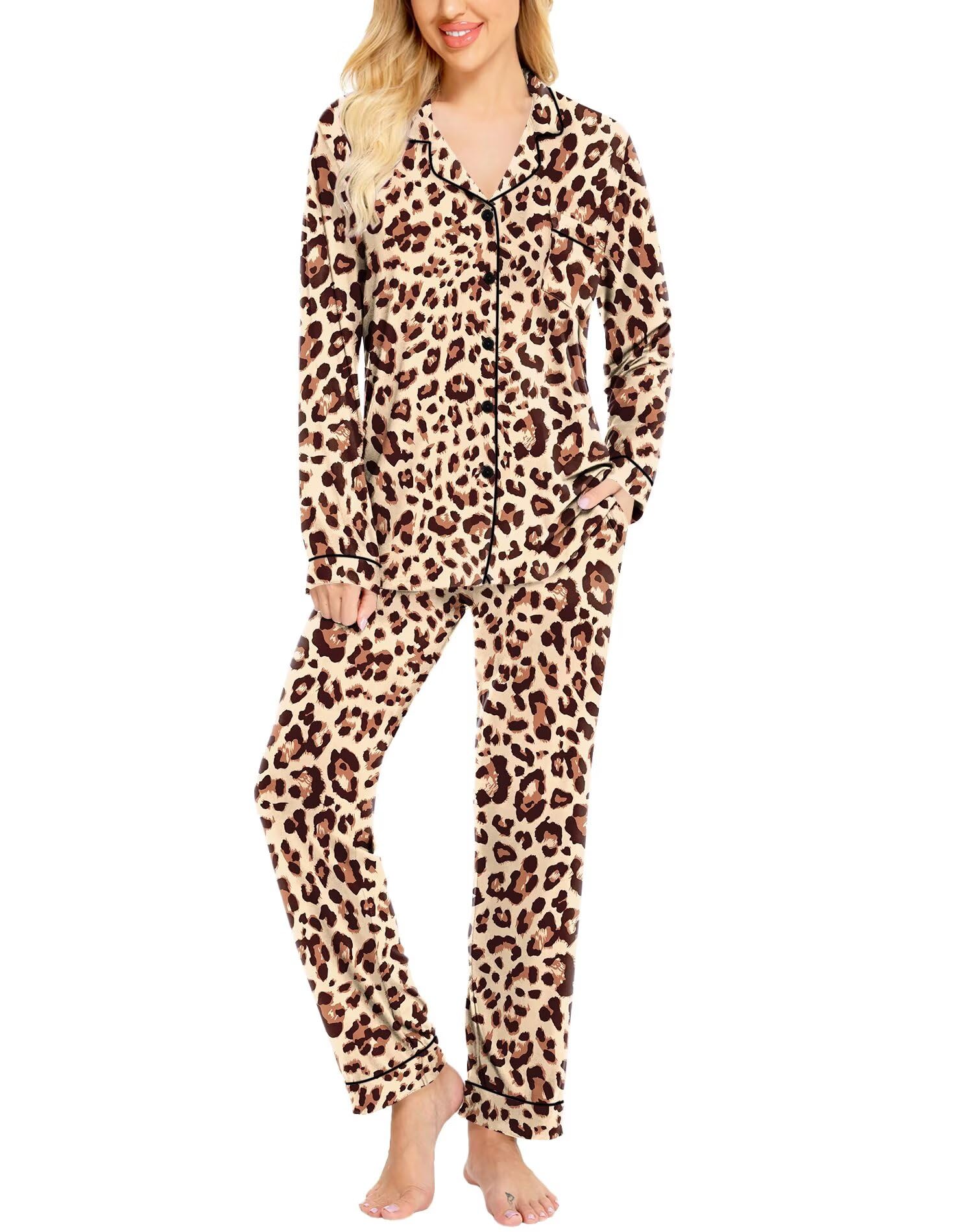 SWOMOG Womens Pajamas Set Long Sleeve Sleepwear Button Down Nightwear Soft Cotton Pj Lounge Sets