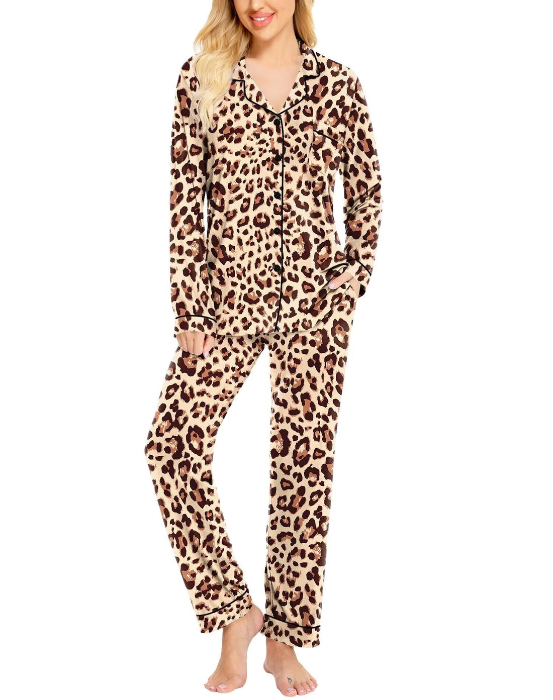 SWOMOG Womens Pajamas Set Long Sleeve Sleepwear Button Down Nightwear Soft Cotton Pj Lounge Sets