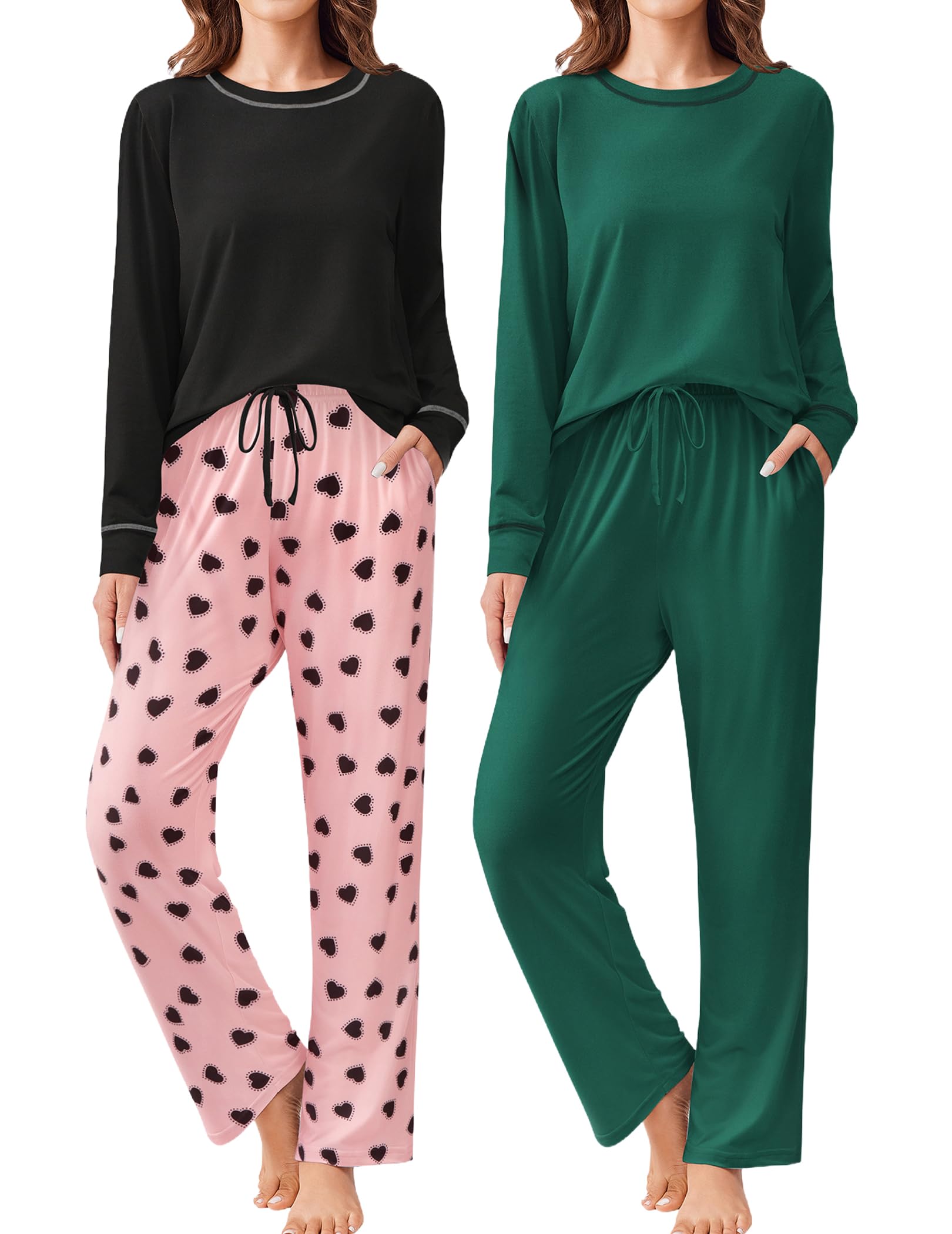 Ekouaer 2 Pack Women Pajama Long Sleeve Sleepwear Soft Loungewear Pjs Sets with Pockets S-XXL