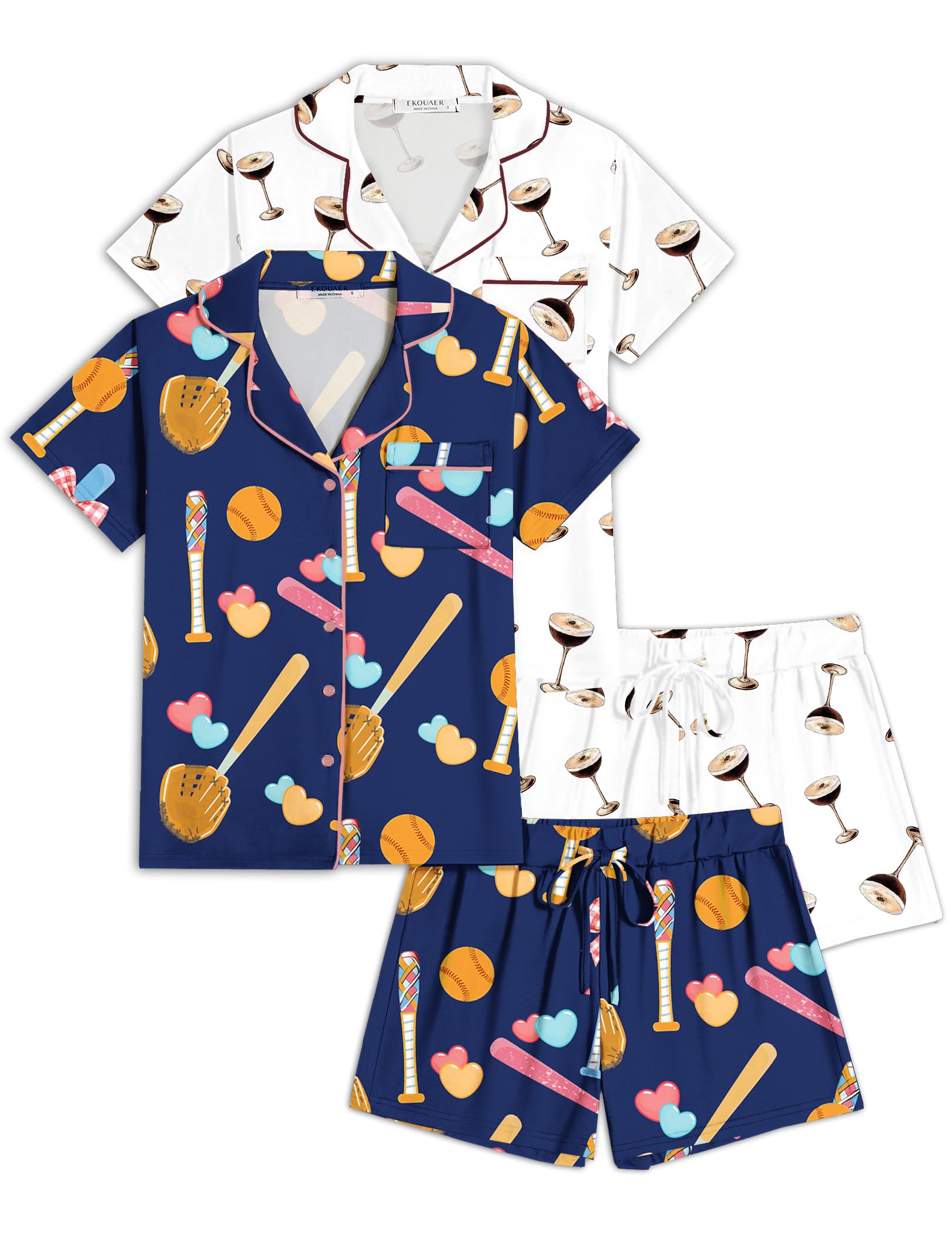 Ekouaer Womens Pajamas Set 2 Pack Button Down Summer Sleepwear Short Sleeve Comfy Pjs Loungewear Set