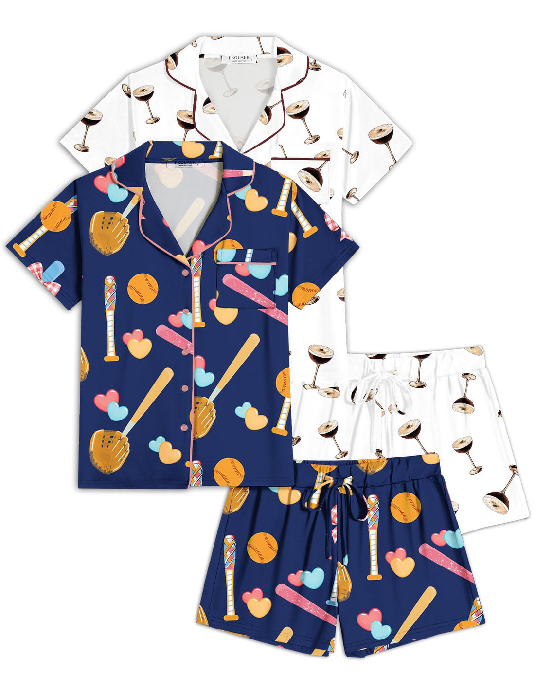 Ekouaer Womens Pajamas Set 2 Pack Button Down Summer Sleepwear Short Sleeve Comfy Pjs Loungewear Set