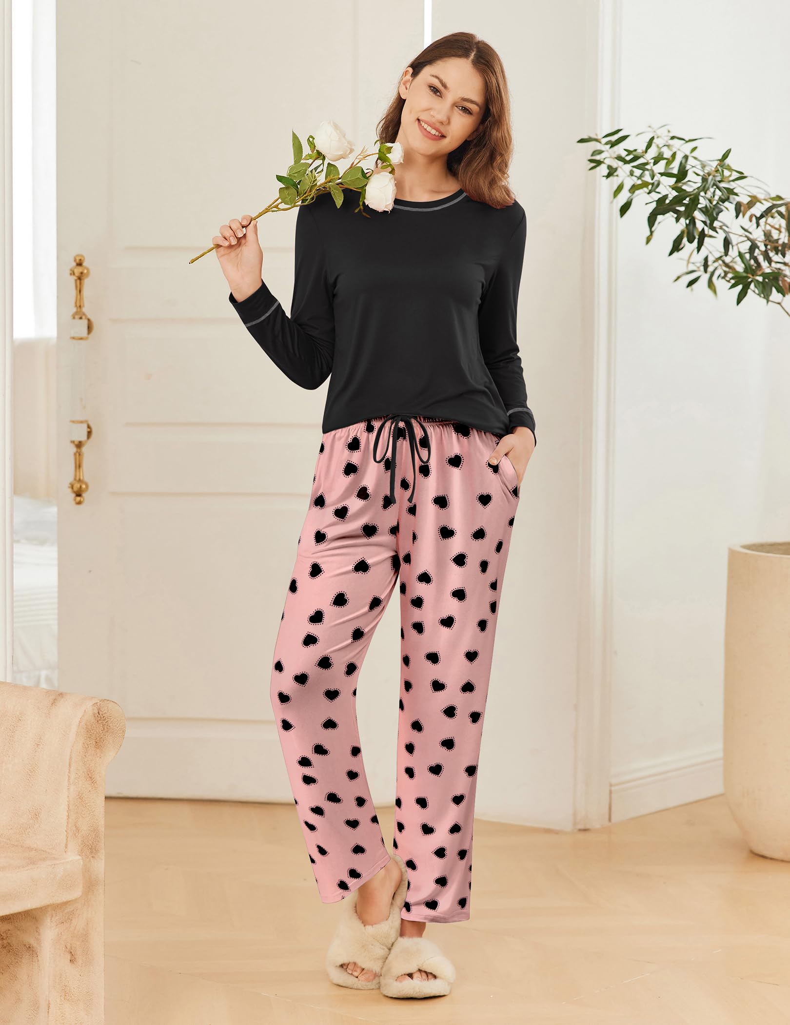 Ekouaer 2 Pack Women Pajama Long Sleeve Sleepwear Soft Loungewear Pjs Sets with Pockets S-XXL