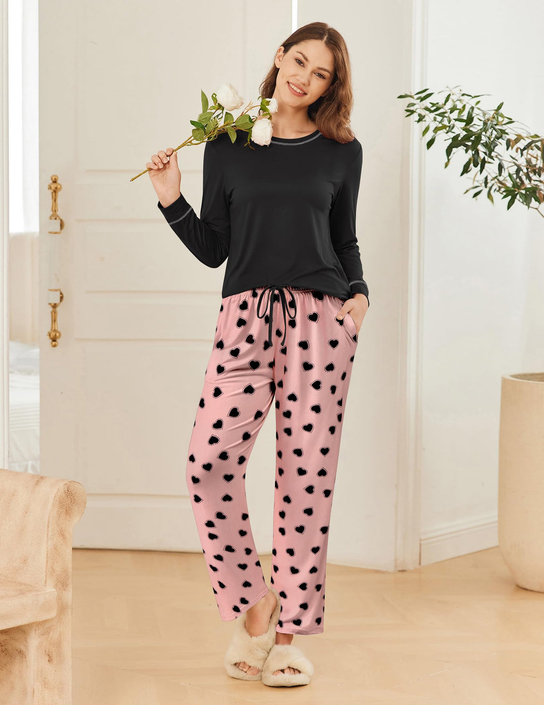 Ekouaer 2 Pack Women Pajama Long Sleeve Sleepwear Soft Loungewear Pjs Sets with Pockets S-XXL
