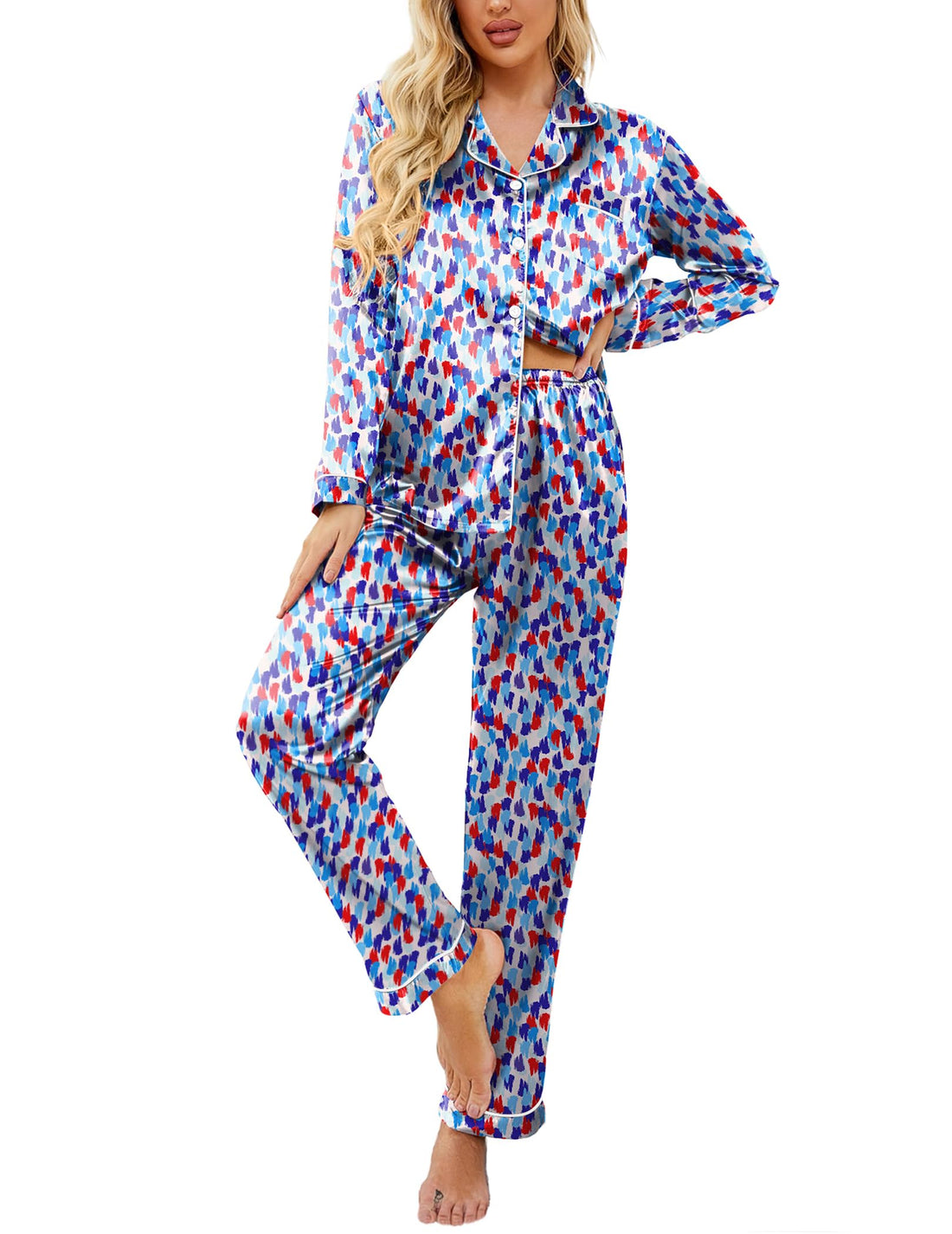 Ekouaer Womens Satin Silky Pajama Set Classic Pattern Button Down Pjs Set | Soft Fabric, Long Sleeve Notch Collar with Contrast Piping, Chest Pocket, Gifting Sleepwear WEBE CLOTHING