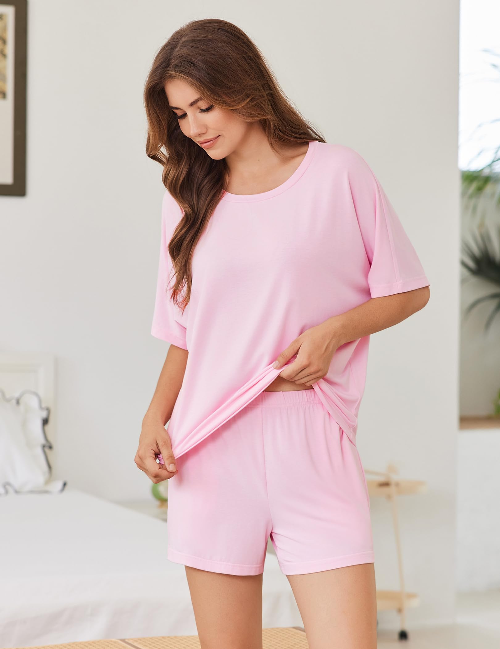 Ekouaer Pajama for Women Viscose from Bamboo 2 piece Lightweight Summer Pj Soft Short Sleeve Matching Lounge sets with Pocket