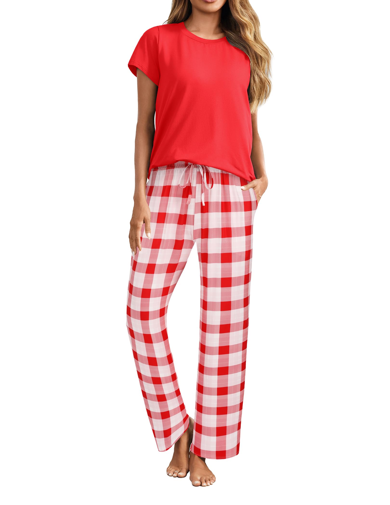 Ekouaer Pajama Sets for Women Round Neck Pjs Short Sleeve Sleepwear with Long Pants Loose Lounge Sets