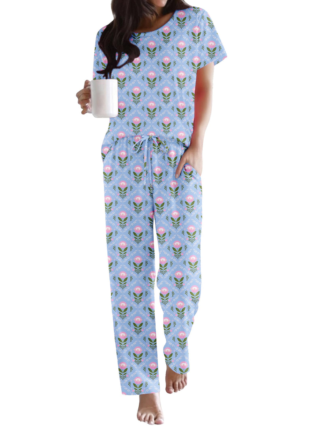 Ekouaer Pajama Sets for Women Round Neck Pjs Short Sleeve Sleepwear with Long Pants Loose Lounge Sets