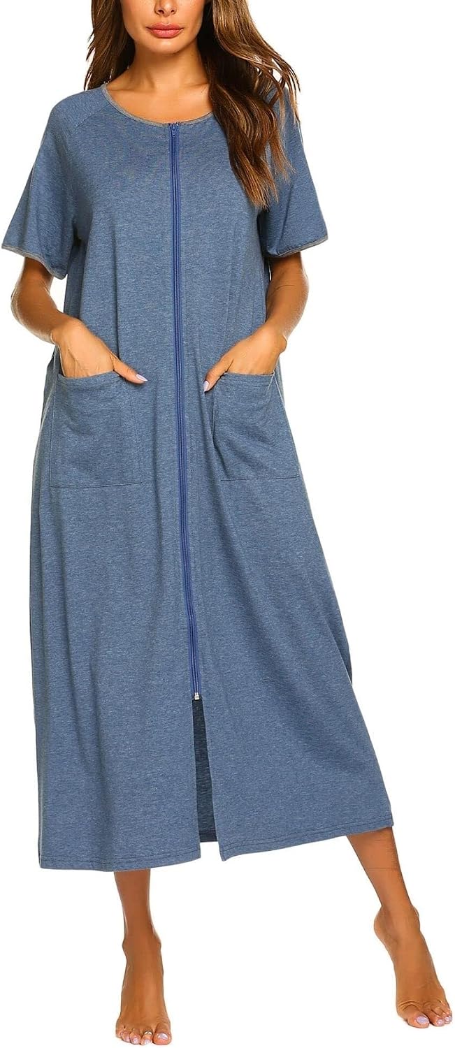 Ekouaer Women Robe Zipper Short Sleeves Full Length House Coat with Pockets | Zip Up Bathrobe, Short Sleeve, Soft and Lightweight