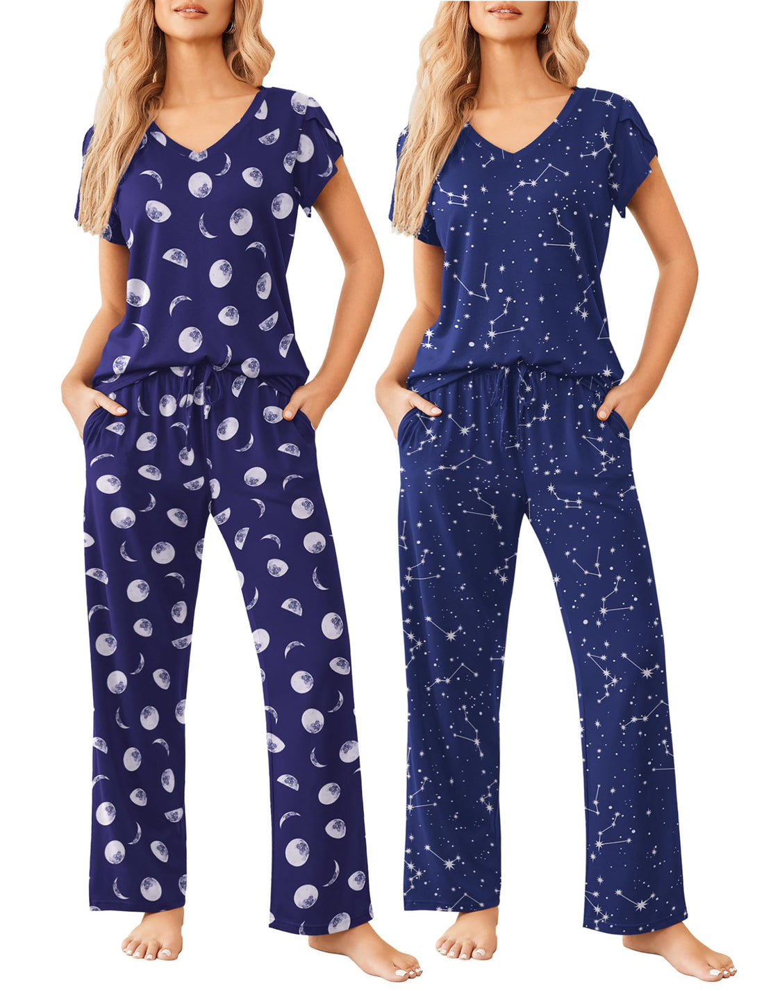 Ekouaer 2 Pack Womens Pajamas Short Sleeve Sleepwear Top with Pants Super-Soft Printed Lounge Sets S-XXL