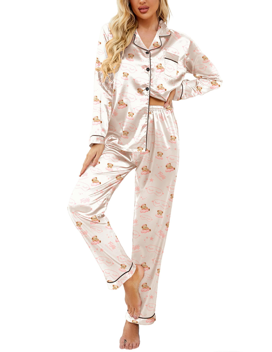 Ekouaer Womens Satin Silky Pajama Set Classic Pattern Button Down Pjs Set | Soft Fabric, Long Sleeve Notch Collar with Contrast Piping, Chest Pocket, Gifting Sleepwear WEBE CLOTHING