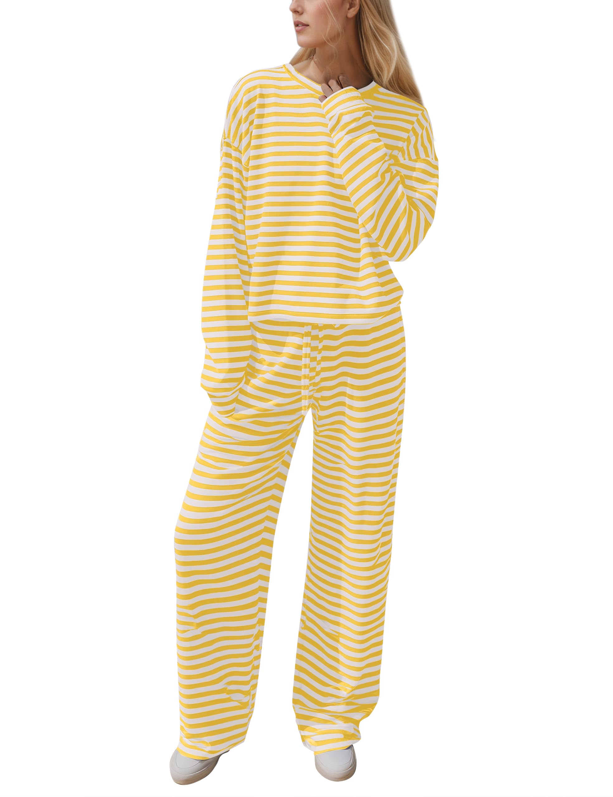 MISSACTIVER Women's Striped 2 Piece Lounge Set Casual Long Sleeve T-Shirt Drawstring Wide Leg Pants Matching Pajamas Set