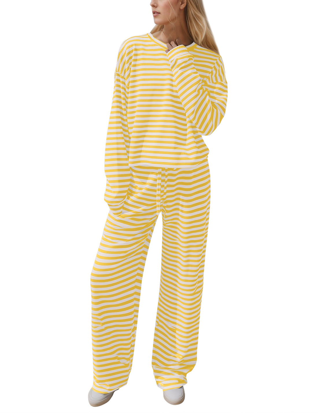 MISSACTIVER Women's Striped 2 Piece Lounge Set Casual Long Sleeve T-Shirt Drawstring Wide Leg Pants Matching Pajamas Set