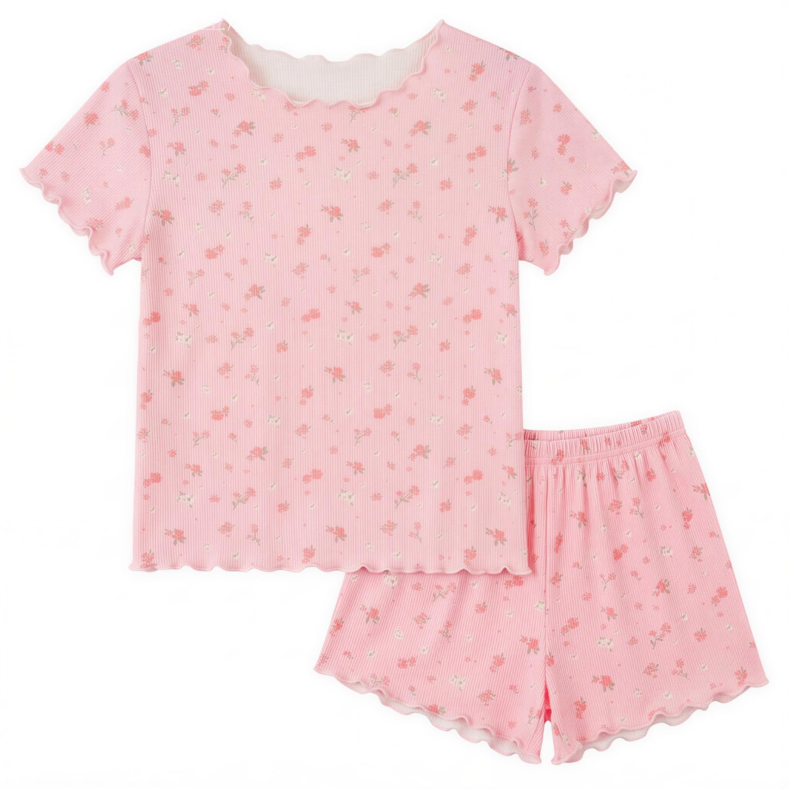 Beinou Girls Pajamas Sets Ribbed Ruffle Short Sleeve Sleepwear Toddler Summer Pjs 2 Pcs Kids Loungewear Outfit 2-9Y