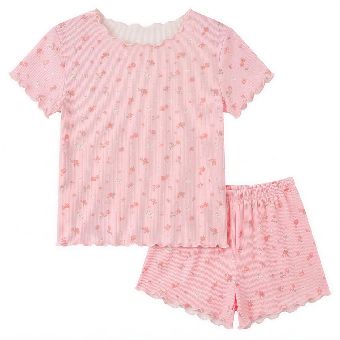 Beinou Girls Pajamas Sets Ribbed Ruffle Short Sleeve Sleepwear Toddler Summer Pjs 2 Pcs Kids Loungewear Outfit 2-9Y
