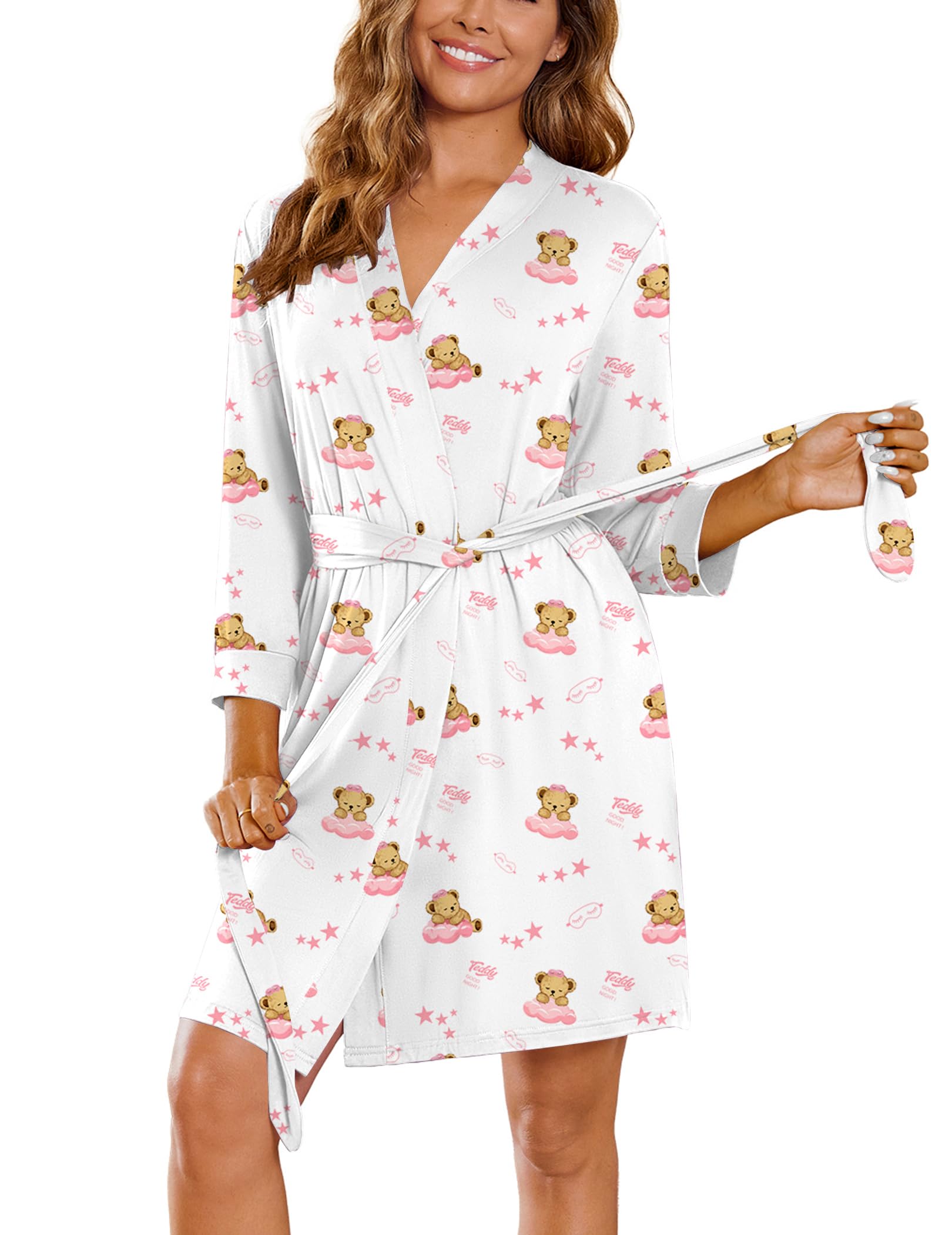 Ekouaer Women‘s Robes Lightweight 3/4 Sleeve Short Knit Bathrobe Soft Knee Length Sleepwear Robes with Pockets S-XXL