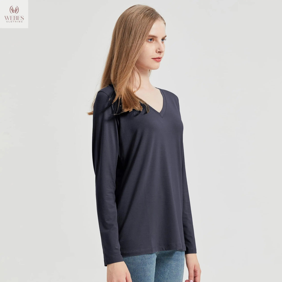 netdraw Women's Bamboo Viscose Long Sleeve V-Neck T-Shirt Soft Comfy Trendy Casual Sleep Pajama Lounge Tops