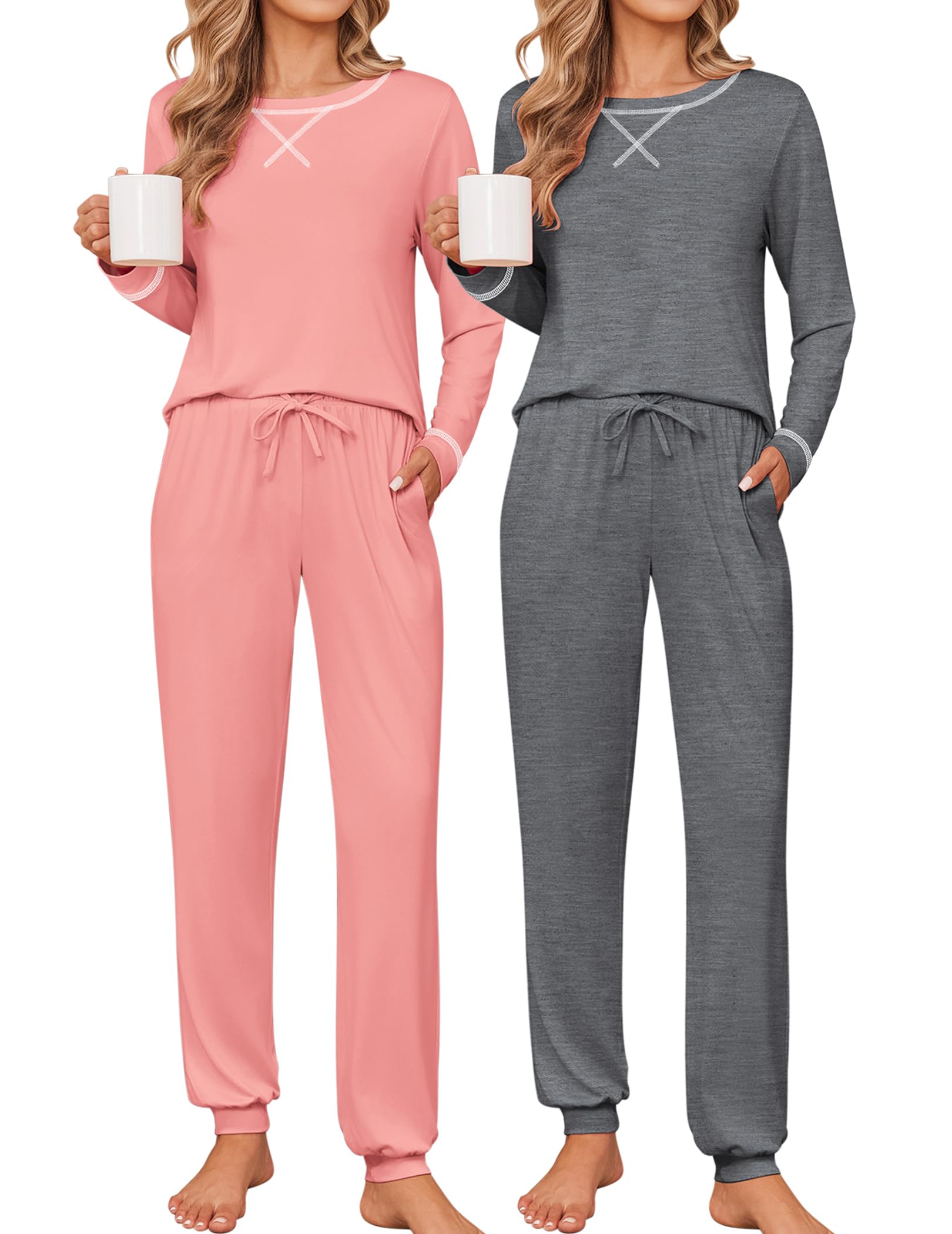 Ekouaer 2 Pack Pajama Sets for Womens Jogger Pants Pjs Long Sleeves Lounge Set Soft Sleepwear with Pockets