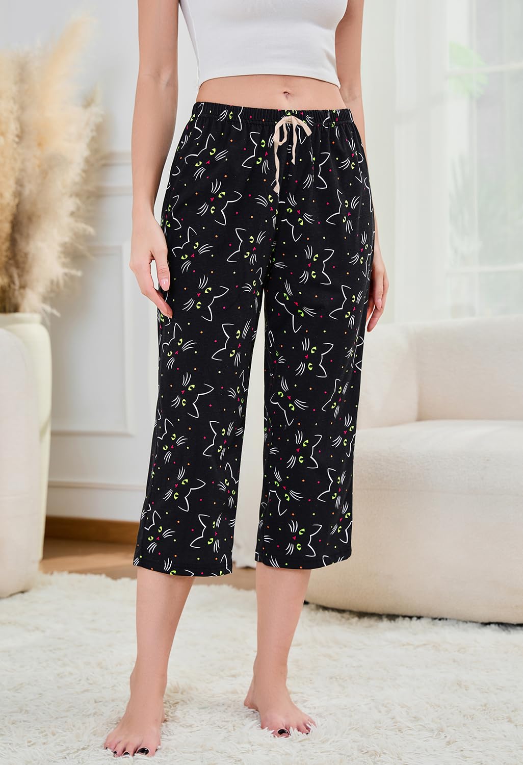 PNAEONG 3 Pack Women Pajama Pants Capri Length Drawstring Pj Bottoms Sleep Lounge Pants with Pockets S-3XL