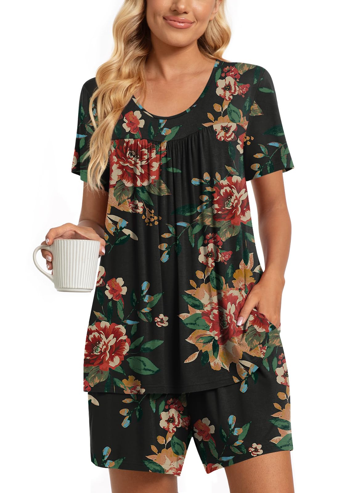 TAOHUADAO 2 Piece Women's Short Sleeve Pajama Sets, Lounge Sleepwear Ladies Pjs Sets with Pockets