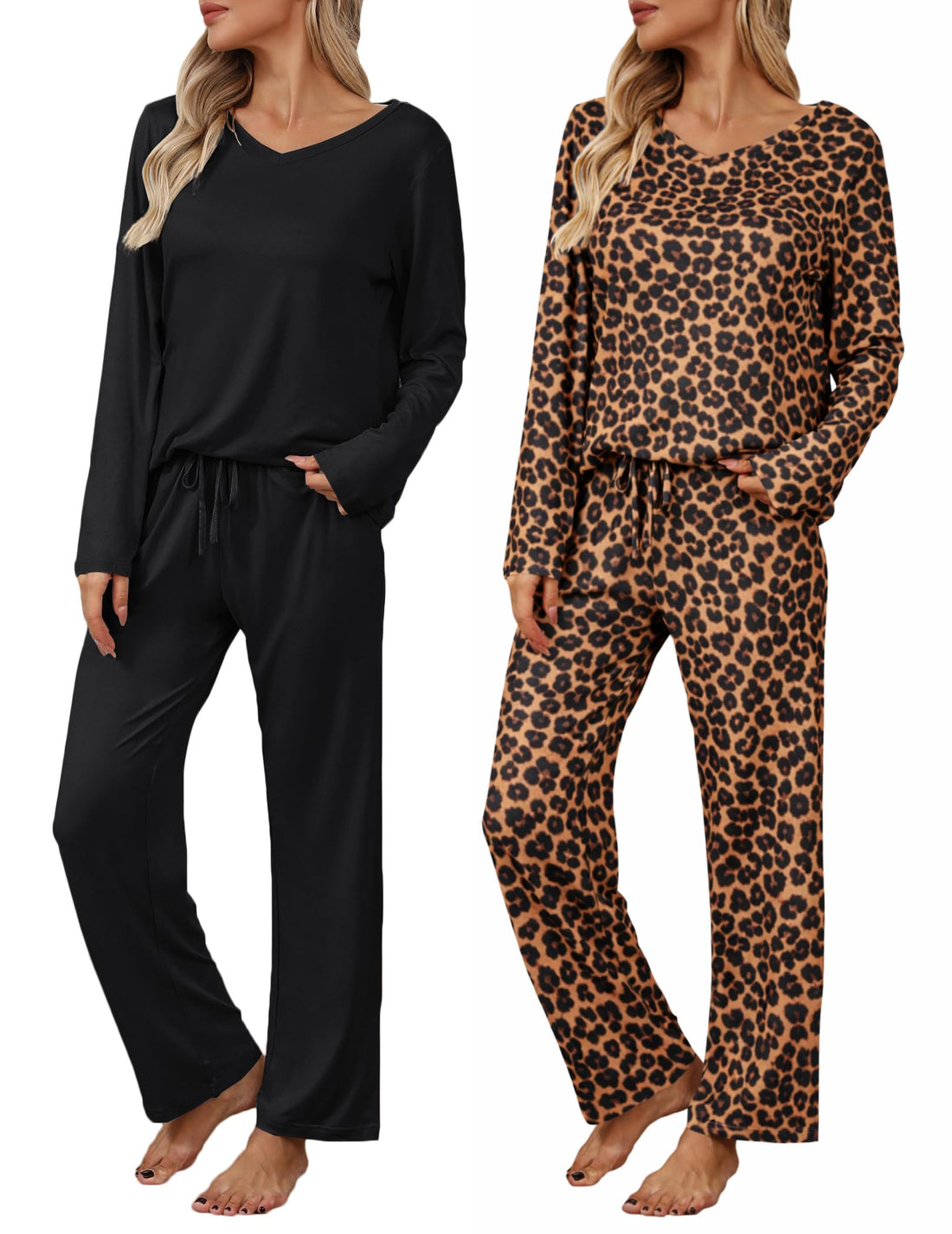 Ekouaer Womens 2 Pack Pajama Set Long Sleeve Pajamas Top and Pants V Neck Pjs Set Soft Loungewear with Pockets