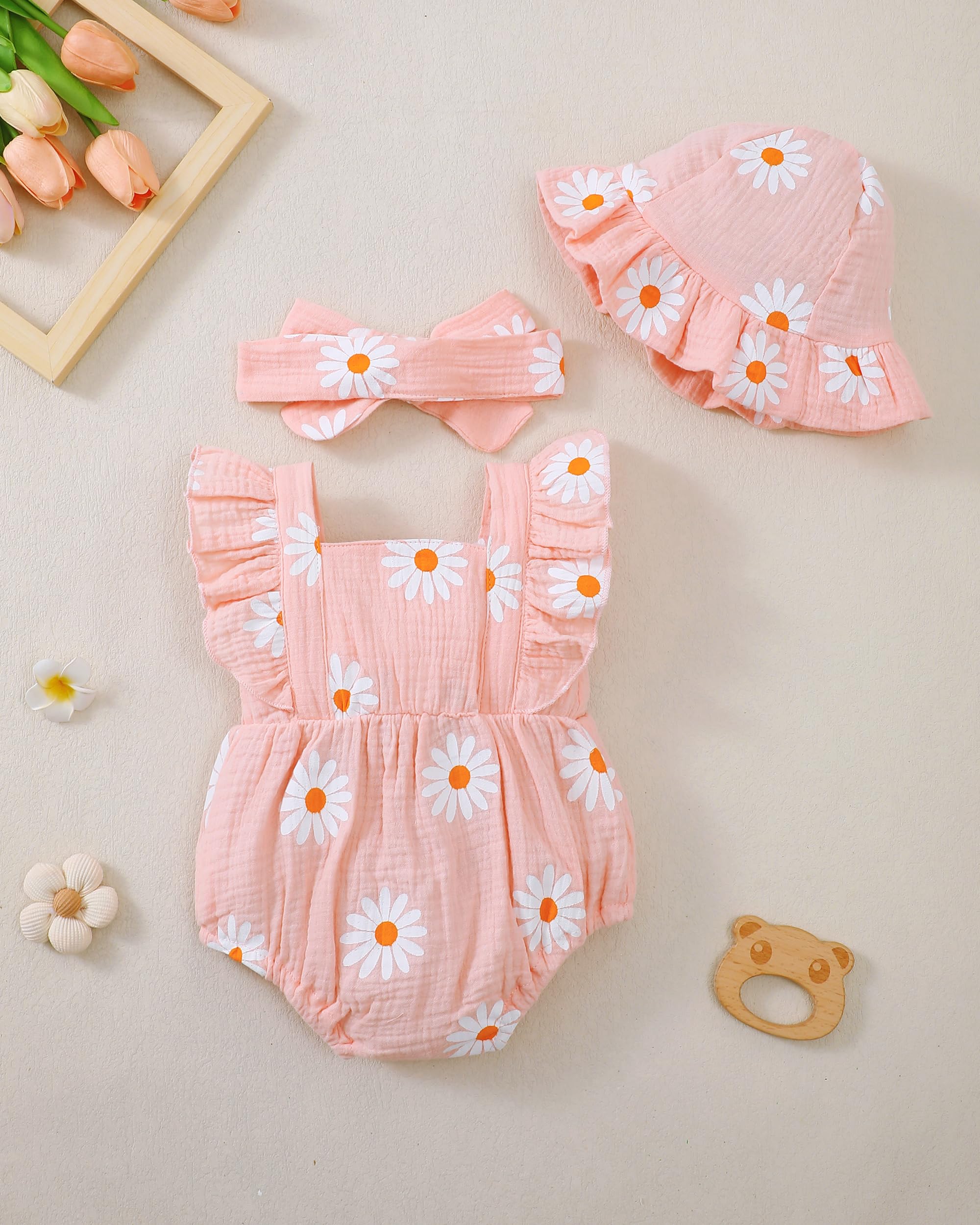 Renotemy Baby Girl Clothes Infant Summer Romper Cotton Linen Newborn Essentials Photography Preemie Outfits with Hat&Headband WEBE CLOTHING