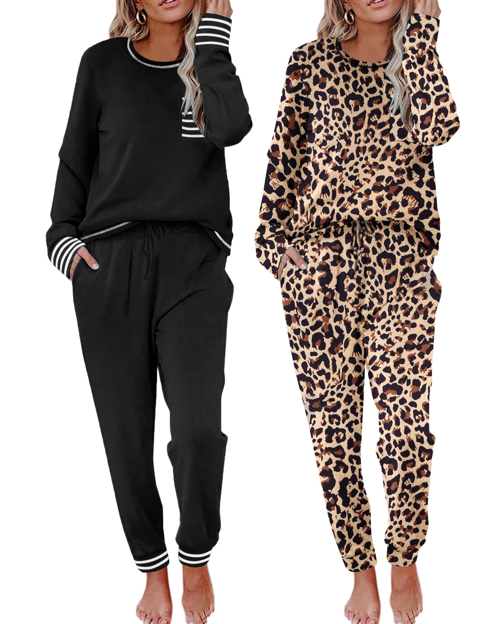 Ekouaer 2 Pack Womens Pajama Sets Long Sleeve Lounge Sets Soft Pj Sleepwear Loungewear