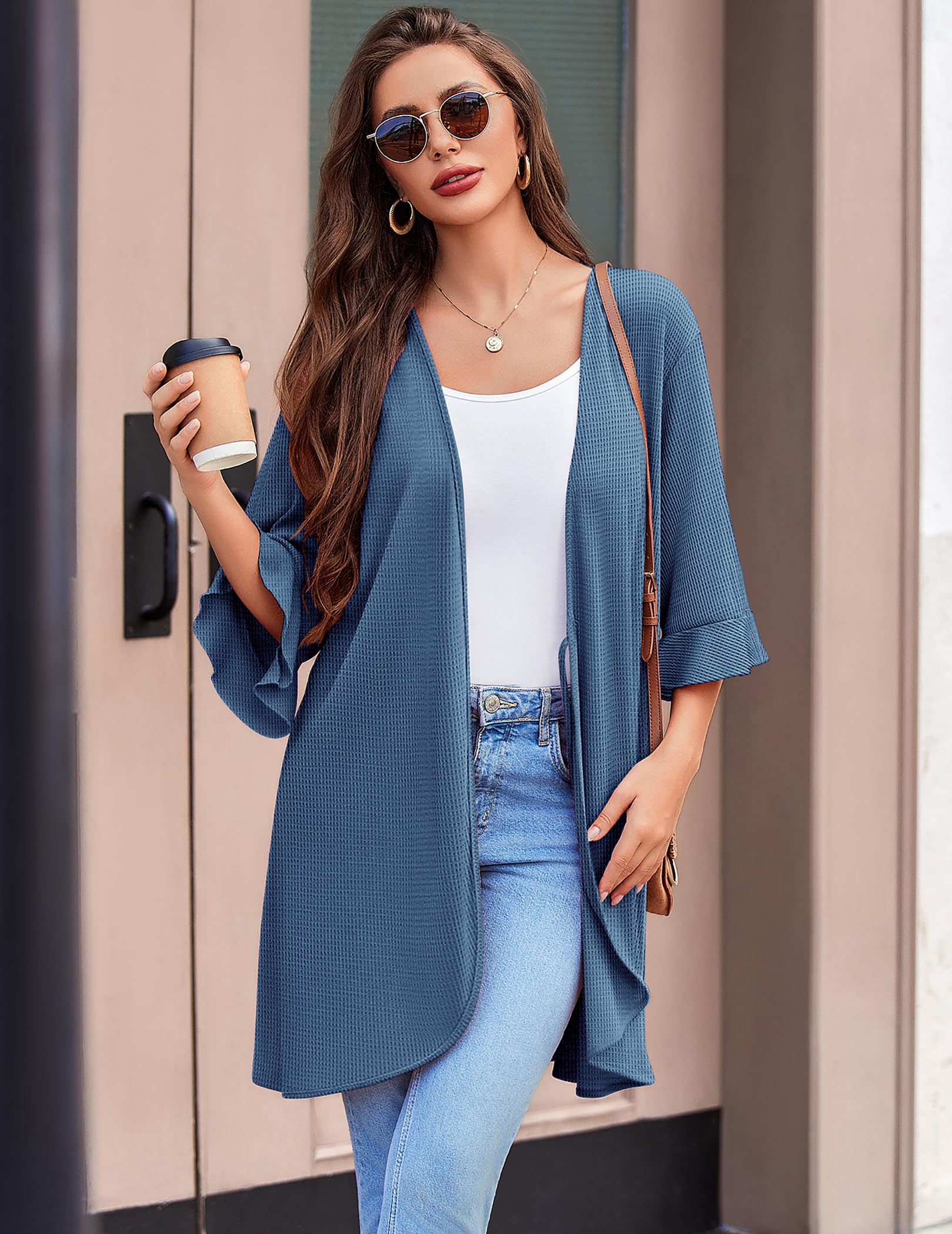 Ekouaer Robes for Women Lightweight Waffle Knit Short Bath Robe Knee Length Ruffle Ladies Loungewear WEBE CLOTHING