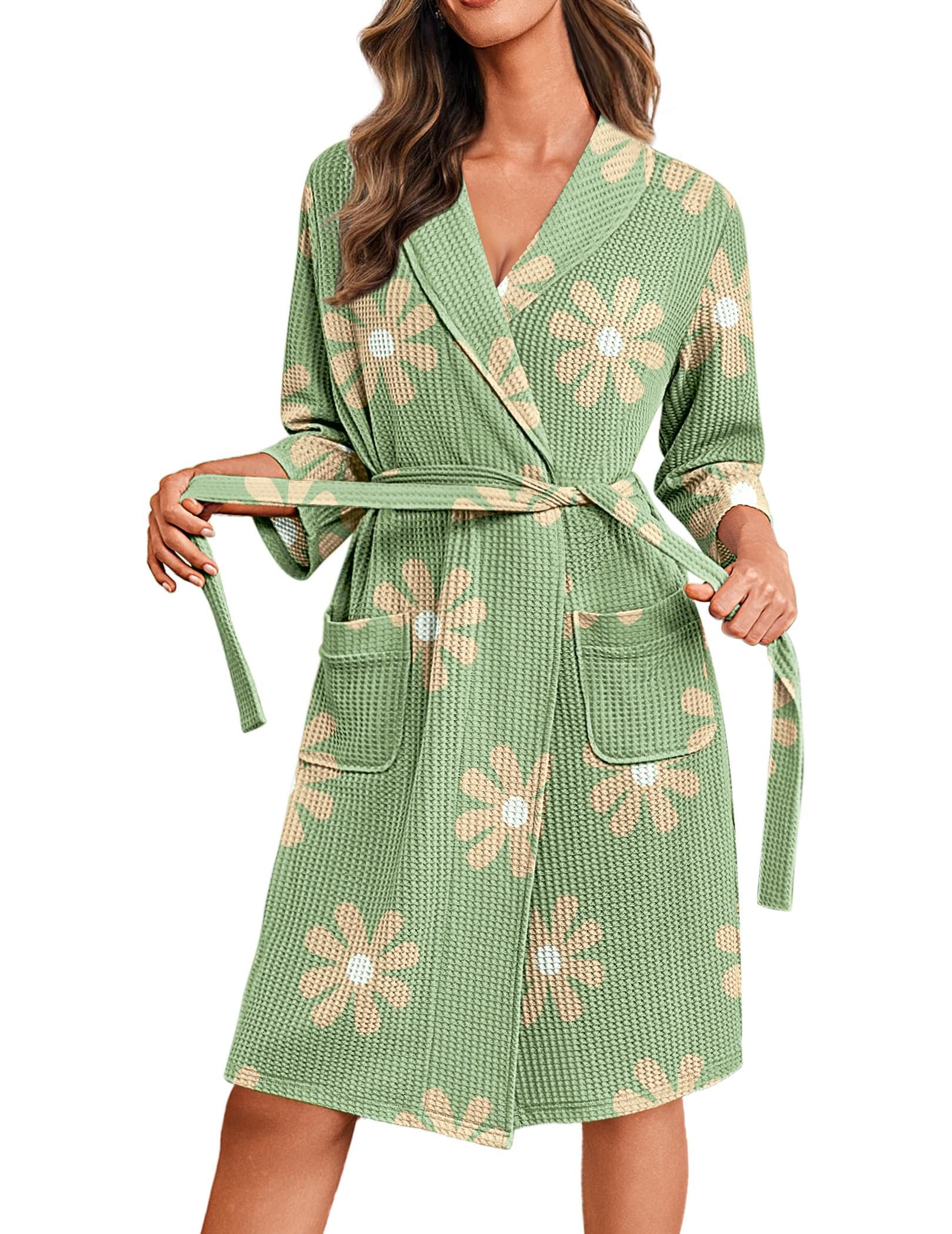 Ekouaer Robes for Women Waffle Knit Kimono Bathrobe Loungewear with Pockets | Maternity,Lightweight,Knee Length, Soft,Comfy,Robe,Floral Print,House Coat