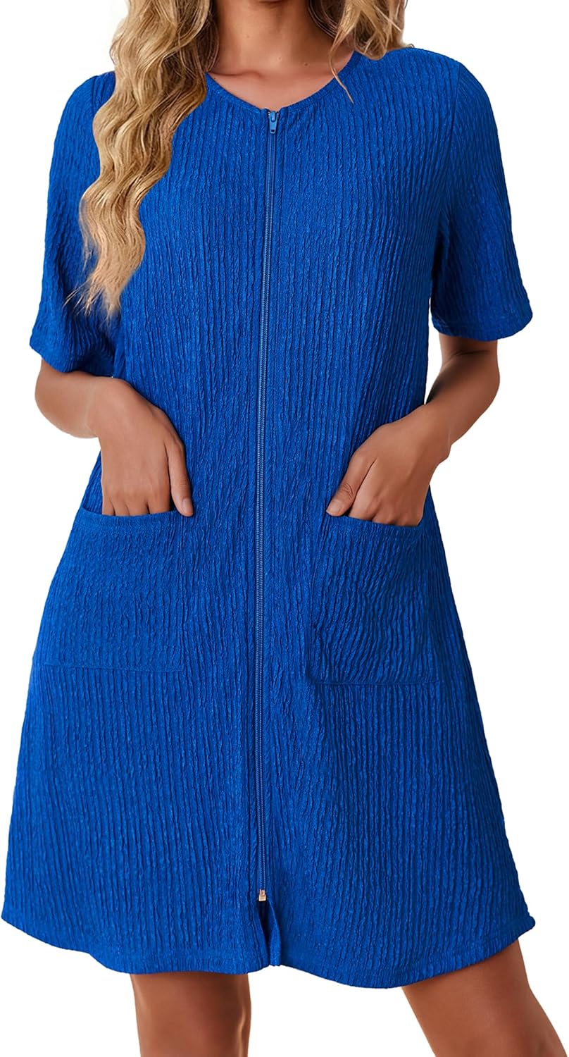 Ekouaer Women Zipper Robes Knit Short Bathrobe Lightweight House Coat with Pockets Soft Nightgown S-XXL WEBE CLOTHING