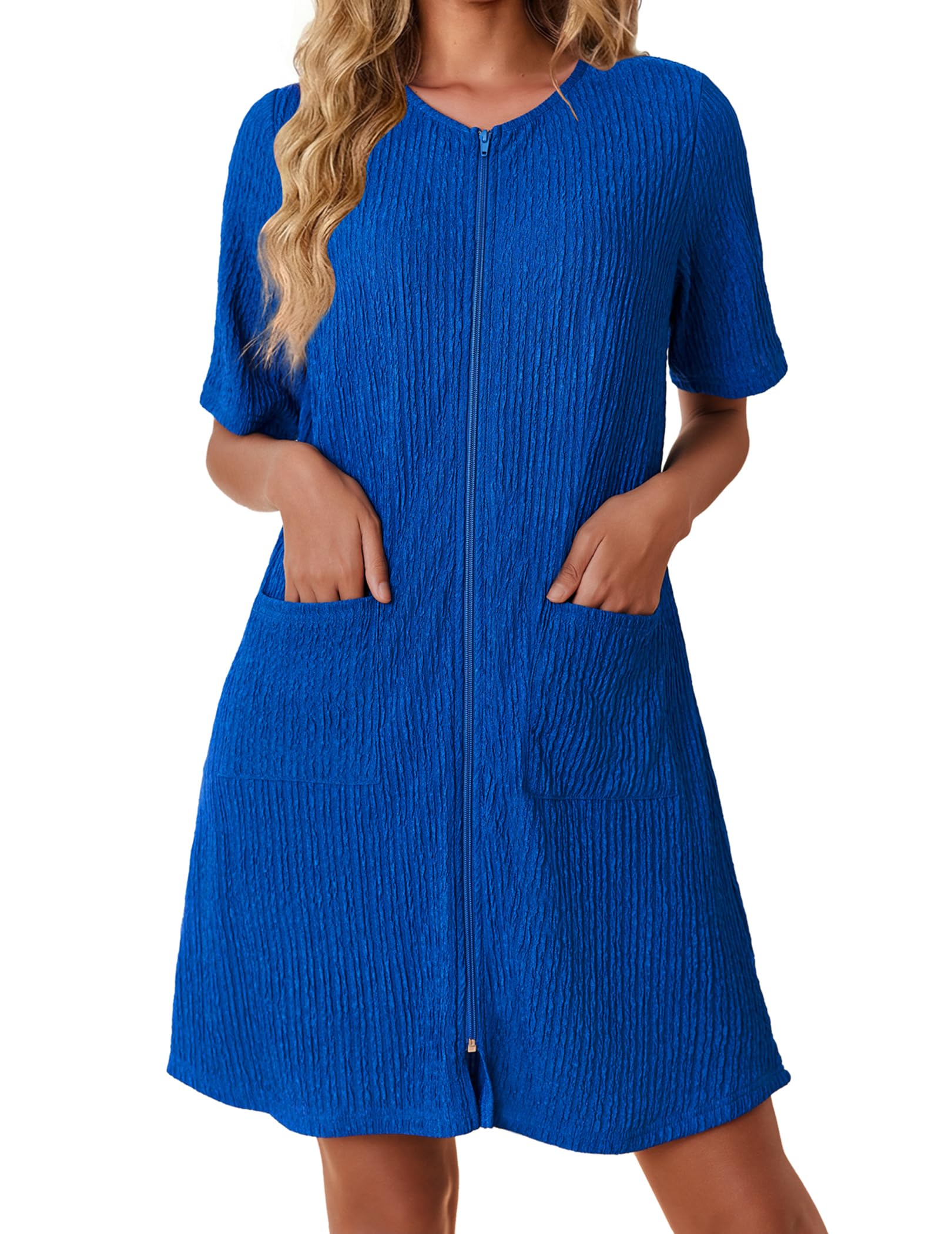 Ekouaer Women Zipper Robes Knit Short Bathrobe Lightweight House Coat with Pockets Soft Nightgown S-XXL WEBE CLOTHING