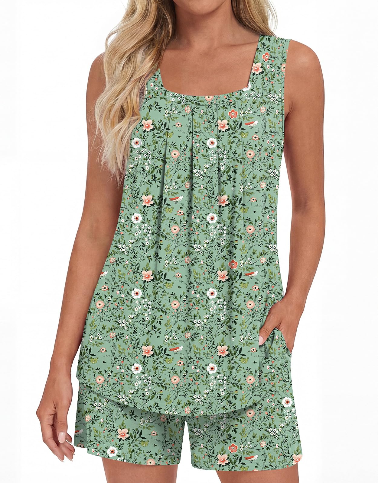 LONGYUAN Womens Sleeveless Pajama Set Soft Summer Lounge Shorts Tank Top Sleepwear with Pockets 2 Piece Set M-3XL