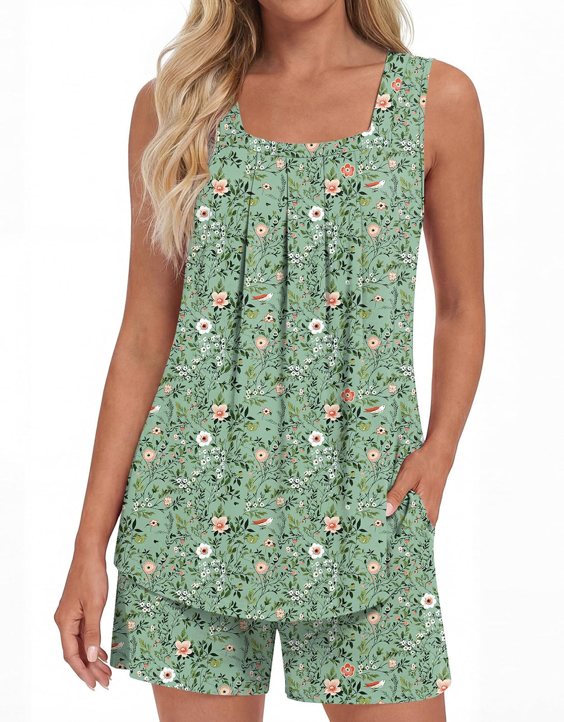 LONGYUAN Womens Sleeveless Pajama Set Soft Summer Lounge Shorts Tank Top Sleepwear with Pockets 2 Piece Set M-3XL