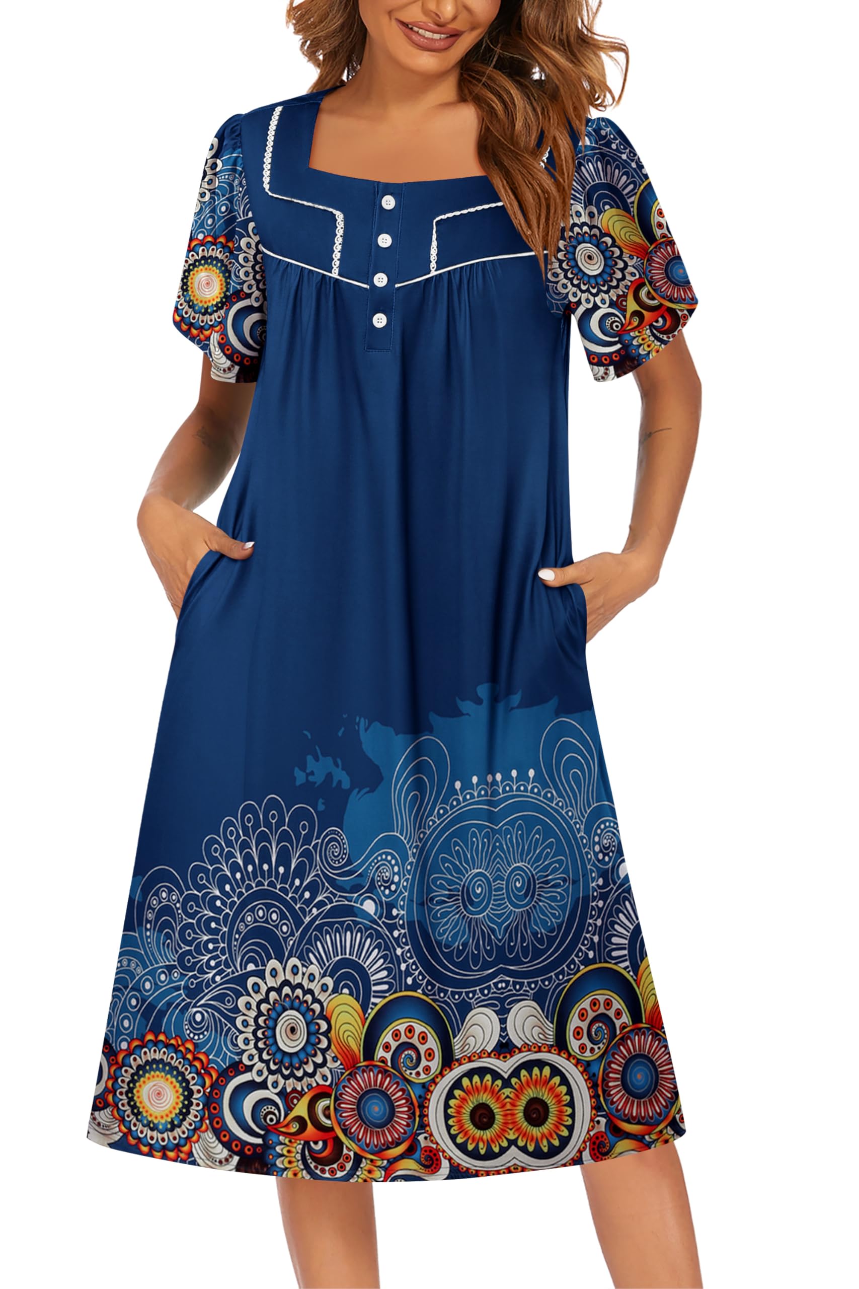 Ekouaer Women's House Dress with Pockets Moomoo Dresses Short Sleeve Mumu Nightgown Lounge Dress Button Down Sleepwear WEBE CLOTHING