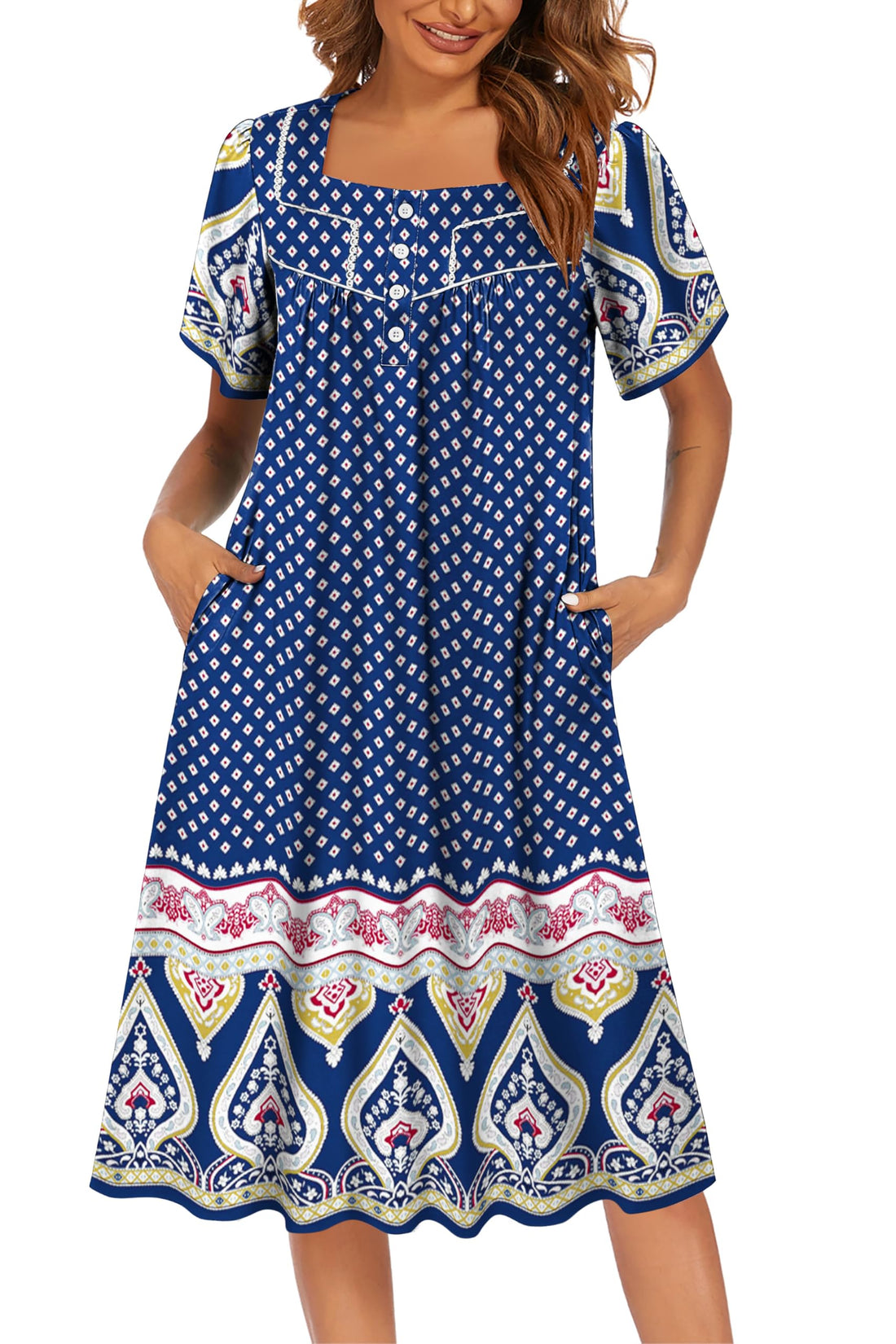Ekouaer Women's House Dress with Pockets Moomoo Dresses Short Sleeve Mumu Nightgown Lounge Dress Button Down Sleepwear WEBE CLOTHING