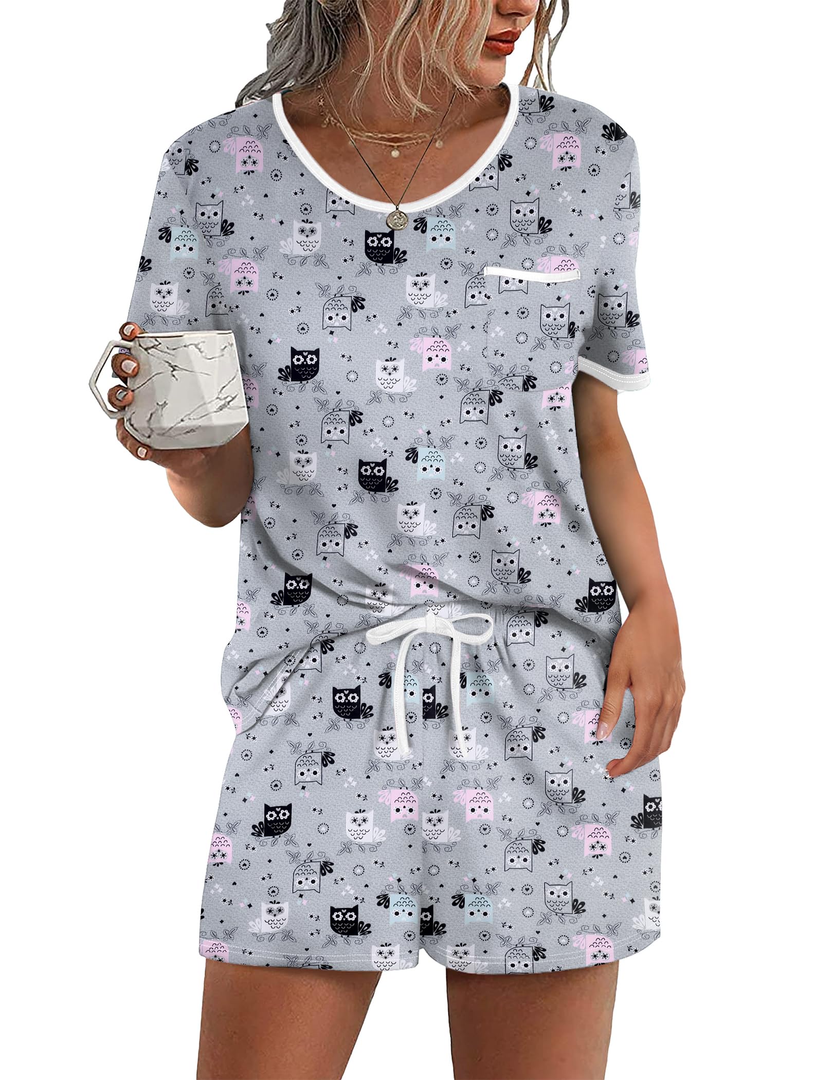 Ekouaer Pajama Set for Women 2 Piece Lounge Set Short Sleeve Tops and Shorts Soft Sleepwear, Chest Pocket