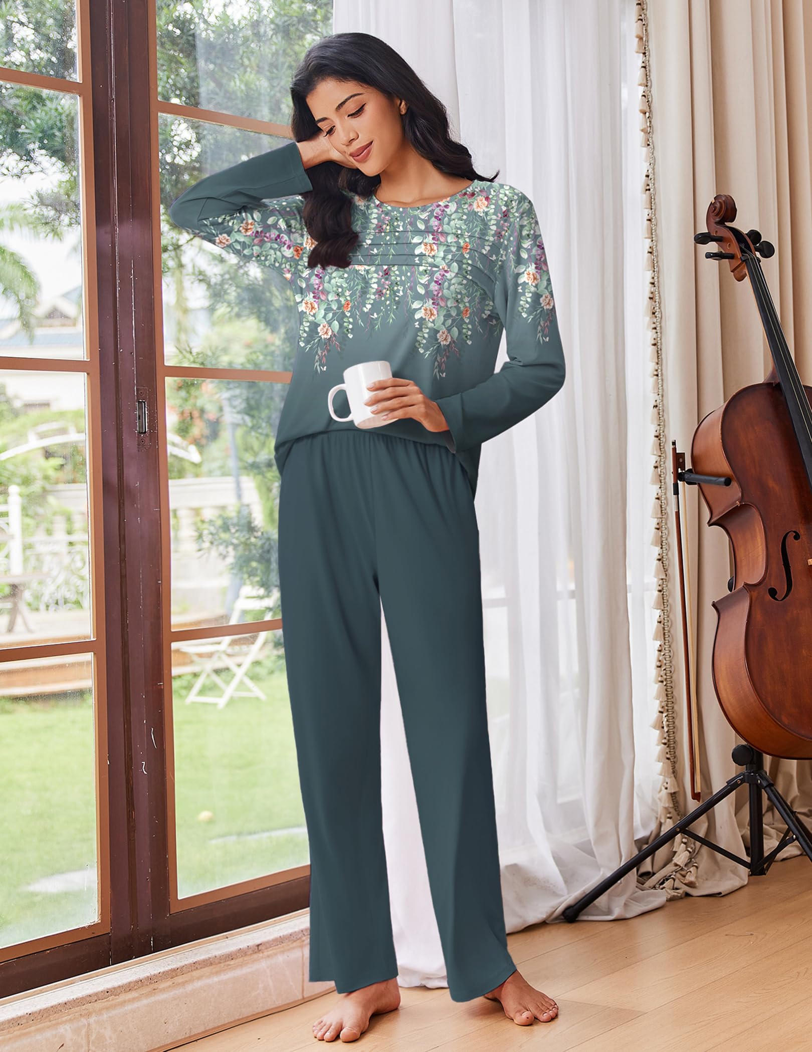 Ekouaer Womens Pajama Sets Pleated Tops with Long Pants Lounge Set Long Sleeve Fall Sleepwear Ladies Pjs S-XXL