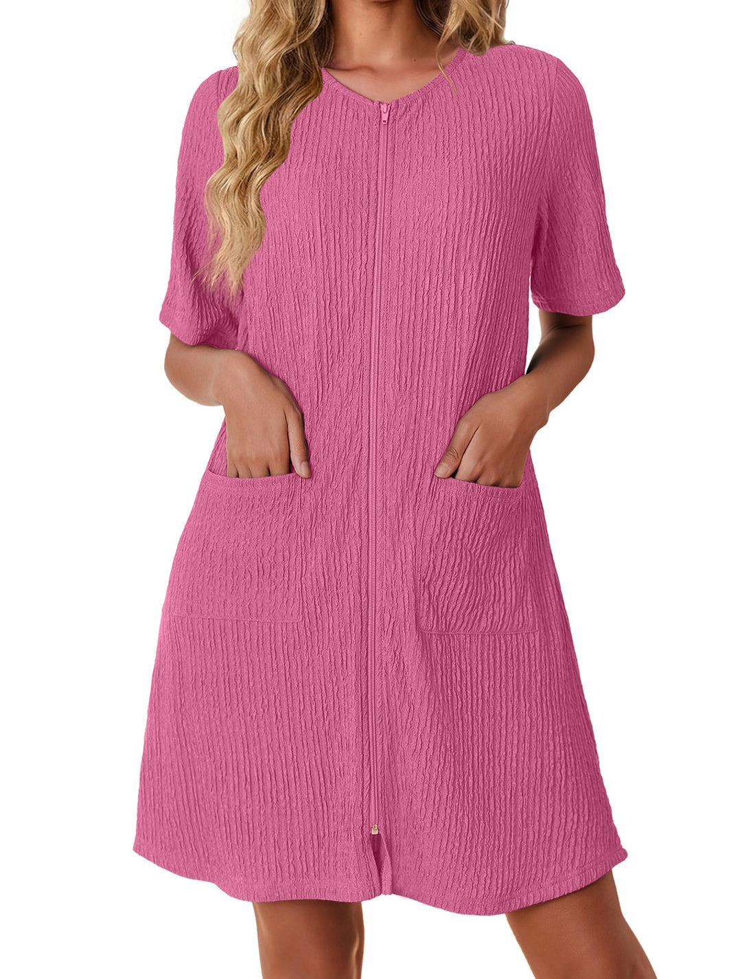 Ekouaer Women Zipper Robes Knit Short Bathrobe Lightweight House Coat with Pockets Soft Nightgown S-XXL WEBE CLOTHING