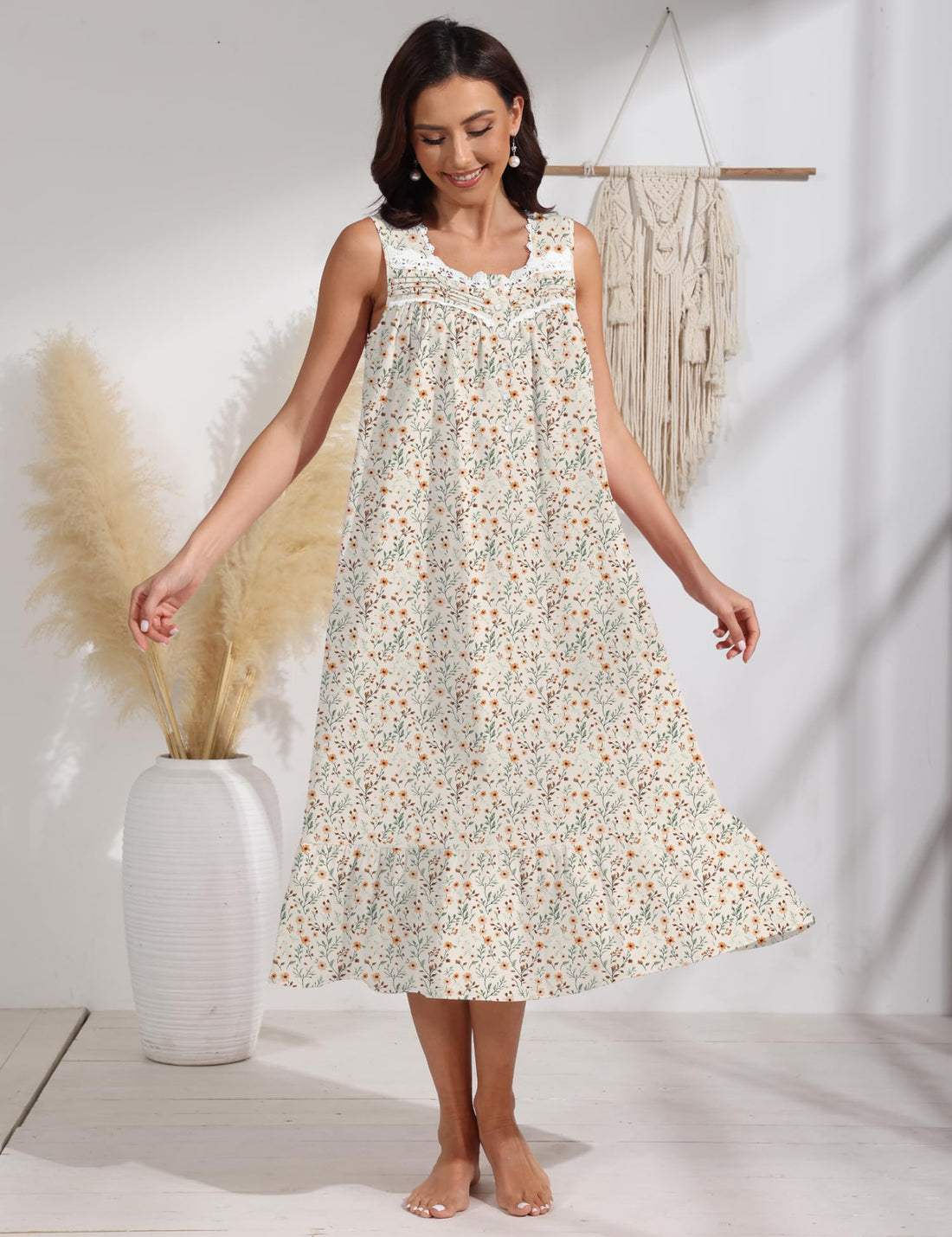 100% Cotton Floral Pearl Snap Nightgown for Women Sleeveless Victorian Sleep Dress Cotton Nightgowns with Pockets WEBE CLOTHING