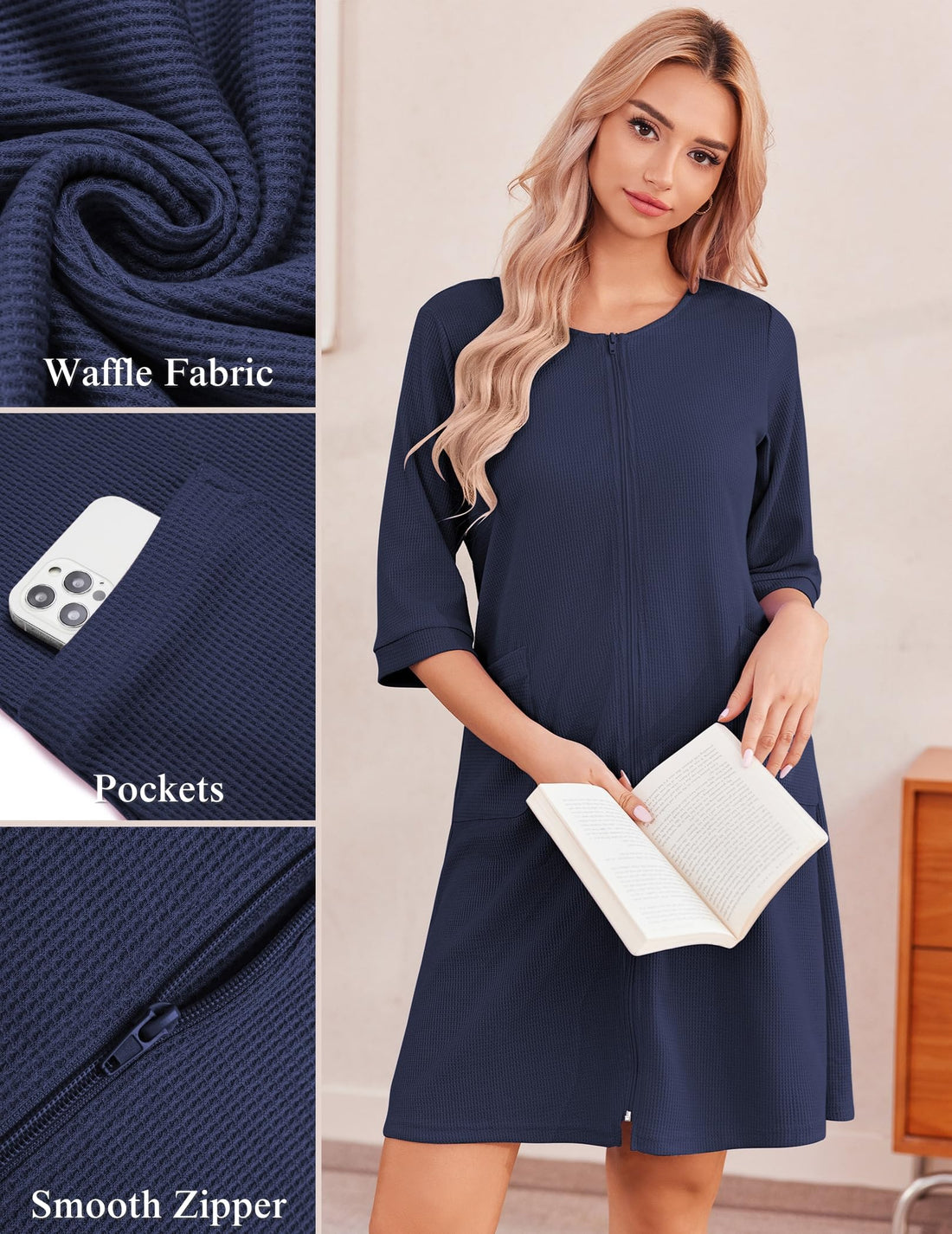 Ekouaer Zip Up Robes for Women Short Waffle Bathrobe Lightweight house coat 3/4 Sleeve Soft Nightgown with Pockets S-3XL WEBE CLOTHING
