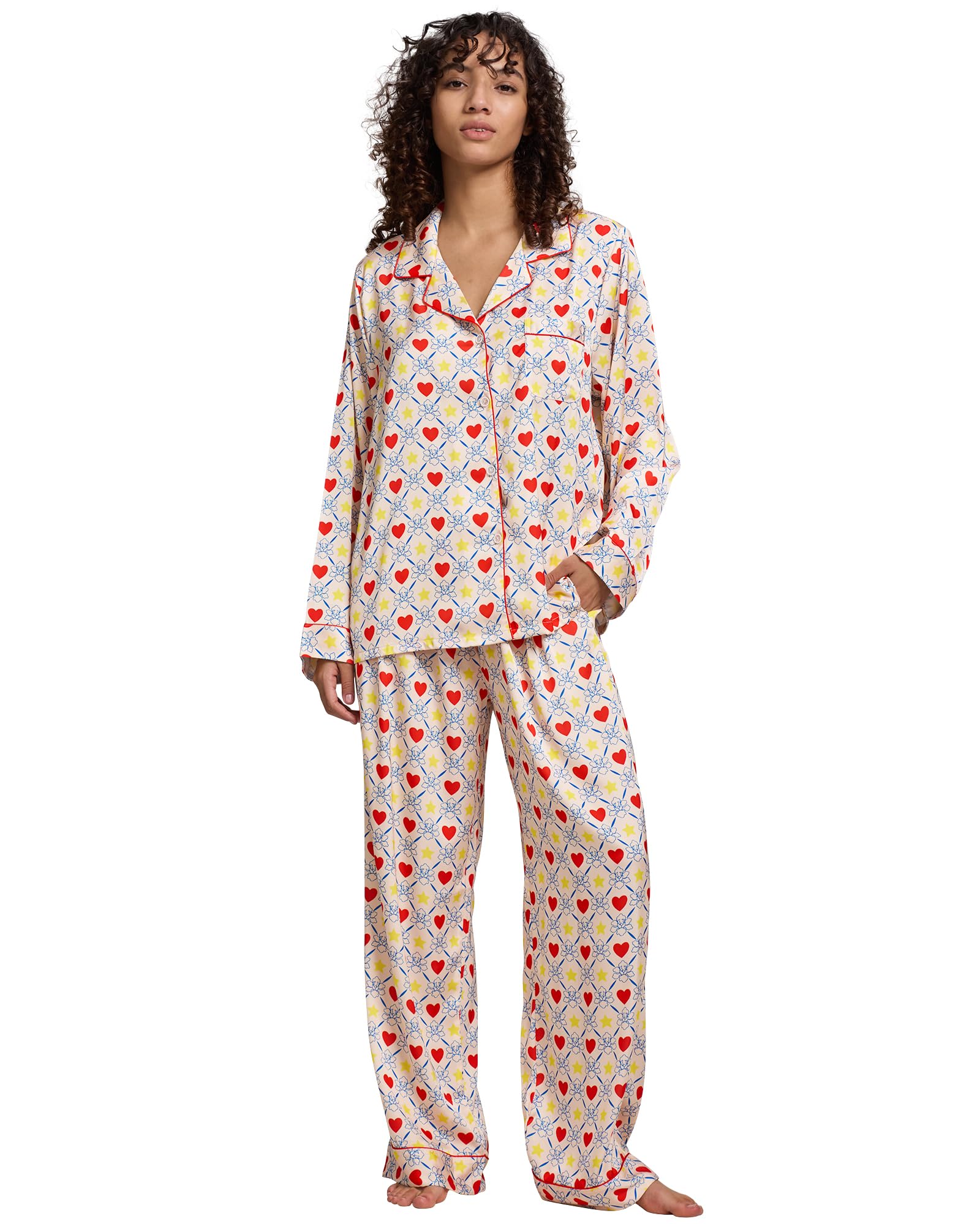 YiNi LuLu Womens Silk Satin Pajamas Set Button Down 2 Piece Pjs Long Sleeve Oversized Sleepwear with Pockets