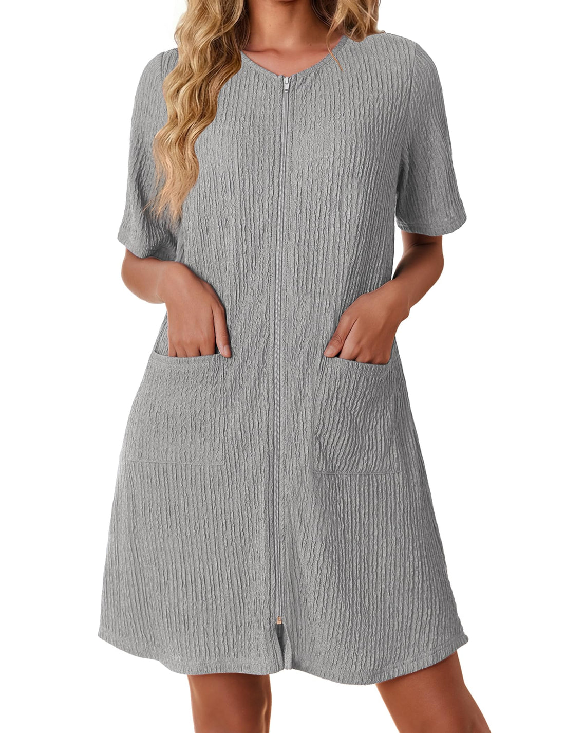Ekouaer Women Zipper Robes Knit Short Bathrobe Lightweight House Coat with Pockets Soft Nightgown S-XXL WEBE CLOTHING