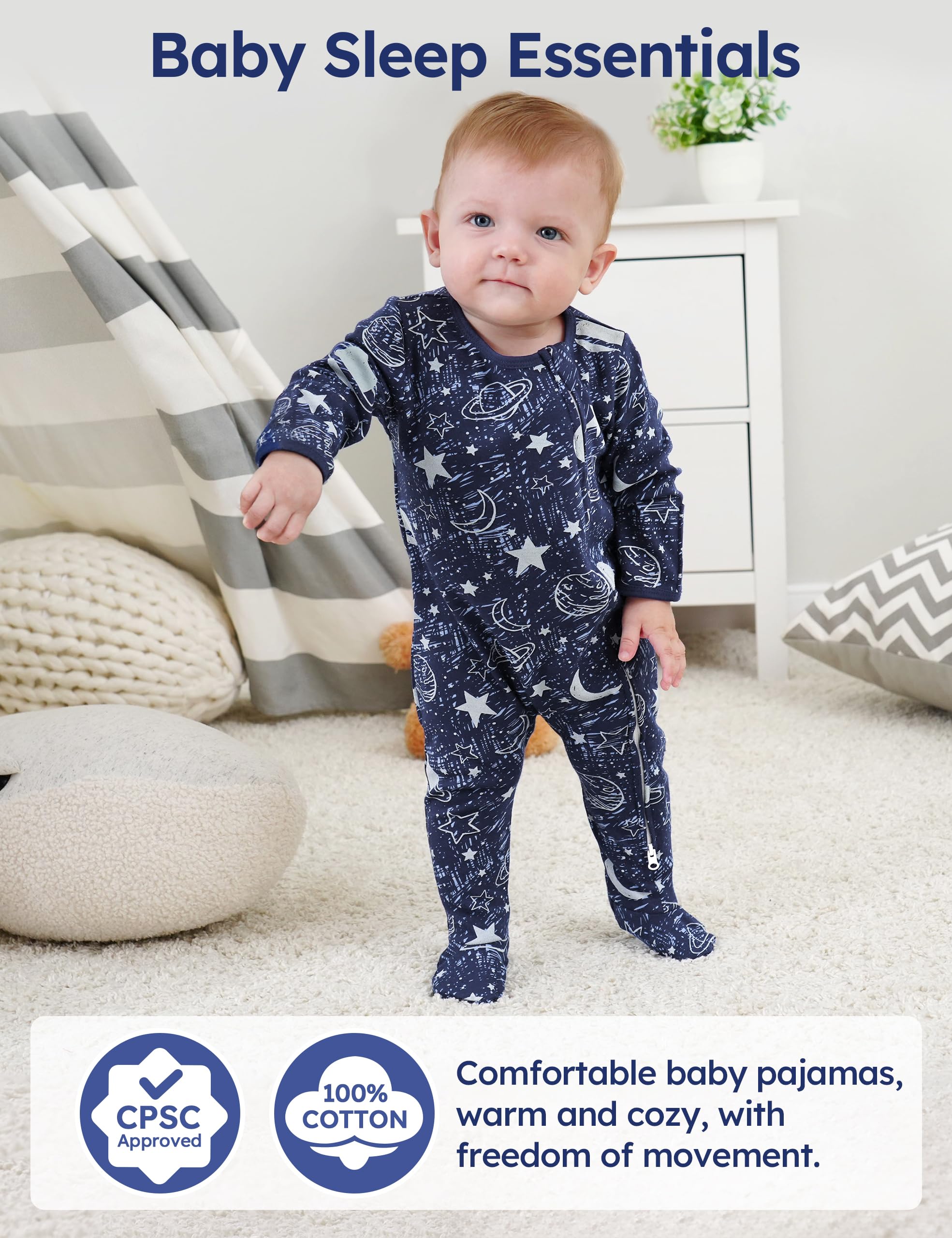 Unnivoll Baby Pajamas 100% Cotton Baby Sleepers for Newborn 0-3 3-6 6-9 Months 3Pcs Footie Pajamas Baby Boys Girls Clothes