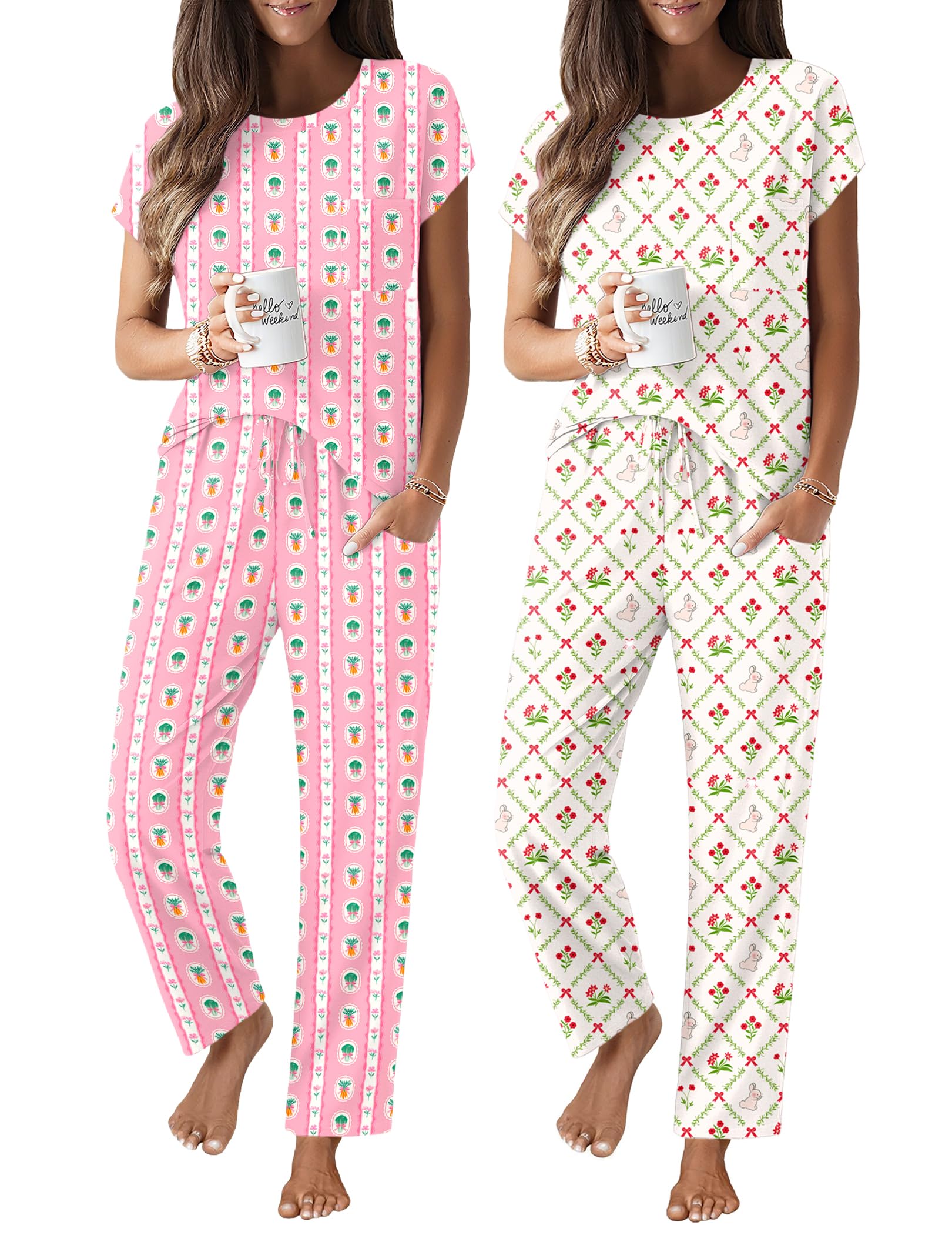 Ekouaer 2 Packs Pajamas for Women Set Cap Sleeve Top and Pants Soft Sleepwear Comfy Pjs Set with Pockets Loungewear