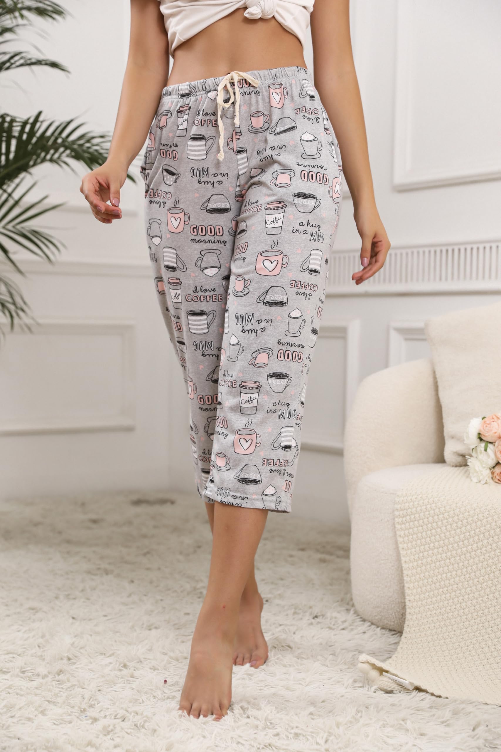 PNAEONG 3 Pack Women Pajama Pants Capri Length Drawstring Pj Bottoms Sleep Lounge Pants with Pockets S-3XL